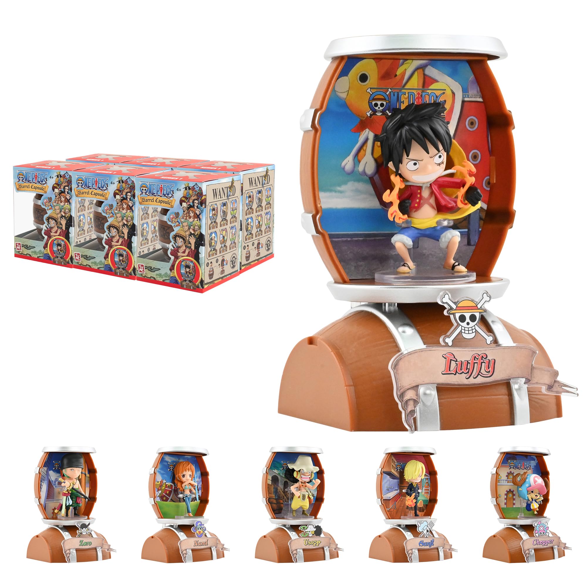 YuMe One Piece Barrel Capsule - Full Collection | Complete 6 Pack Set of Collectible Toy Mini Figures | Solve the Adventure Puzzle | Barrel Display Base | Premium Bundle | Gift for Fans & Collectors