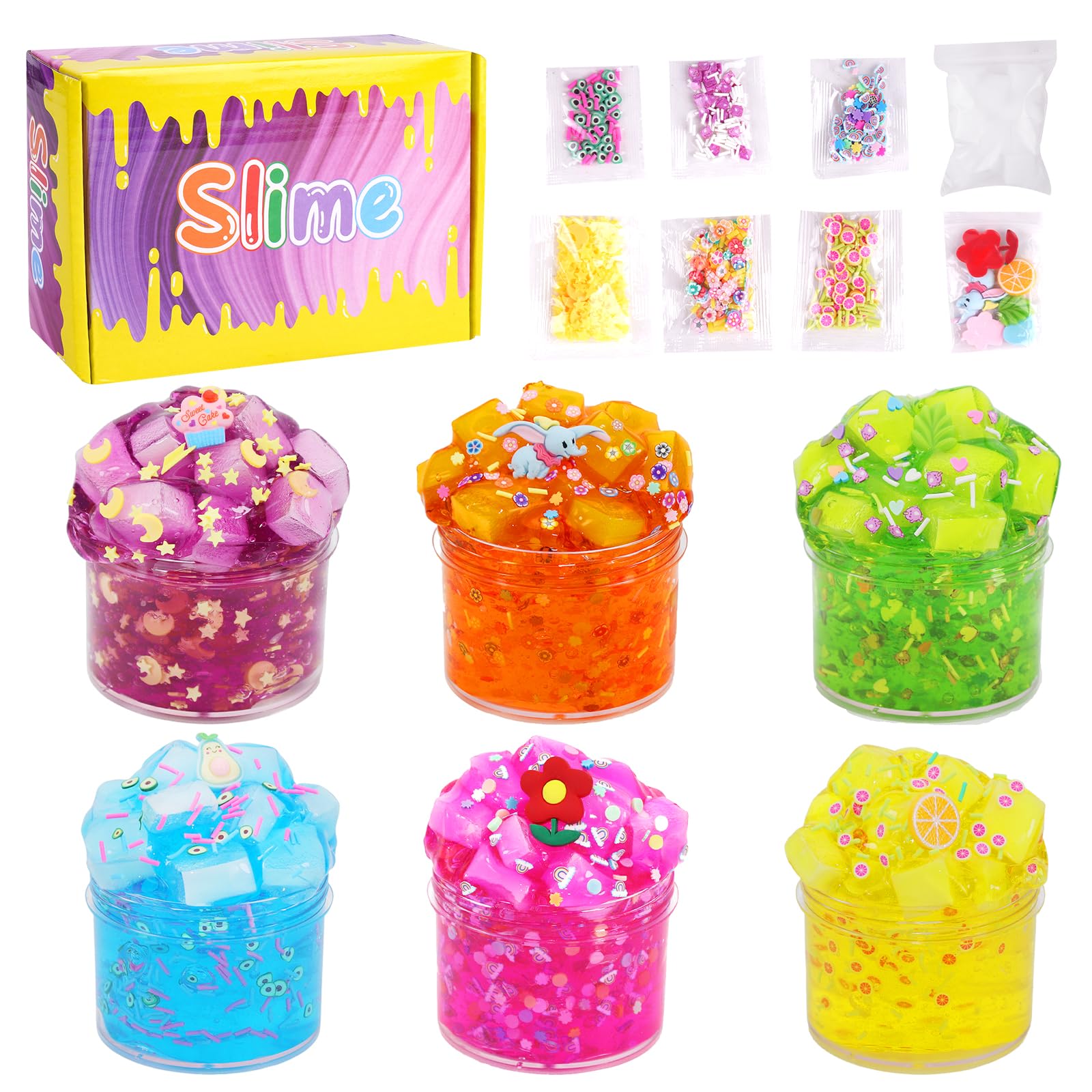 Ainiv Zestaw 6 sztuk Clear Slime, kolorowy, puszysty szlam dla dzieci, prezent na imprezę dla dzieci, urodziny, Wielkanoc, Boże Narodzenie, Nowy Rok, prezent dla dziewcząt i chłopców w wieku 6, 7, 8,