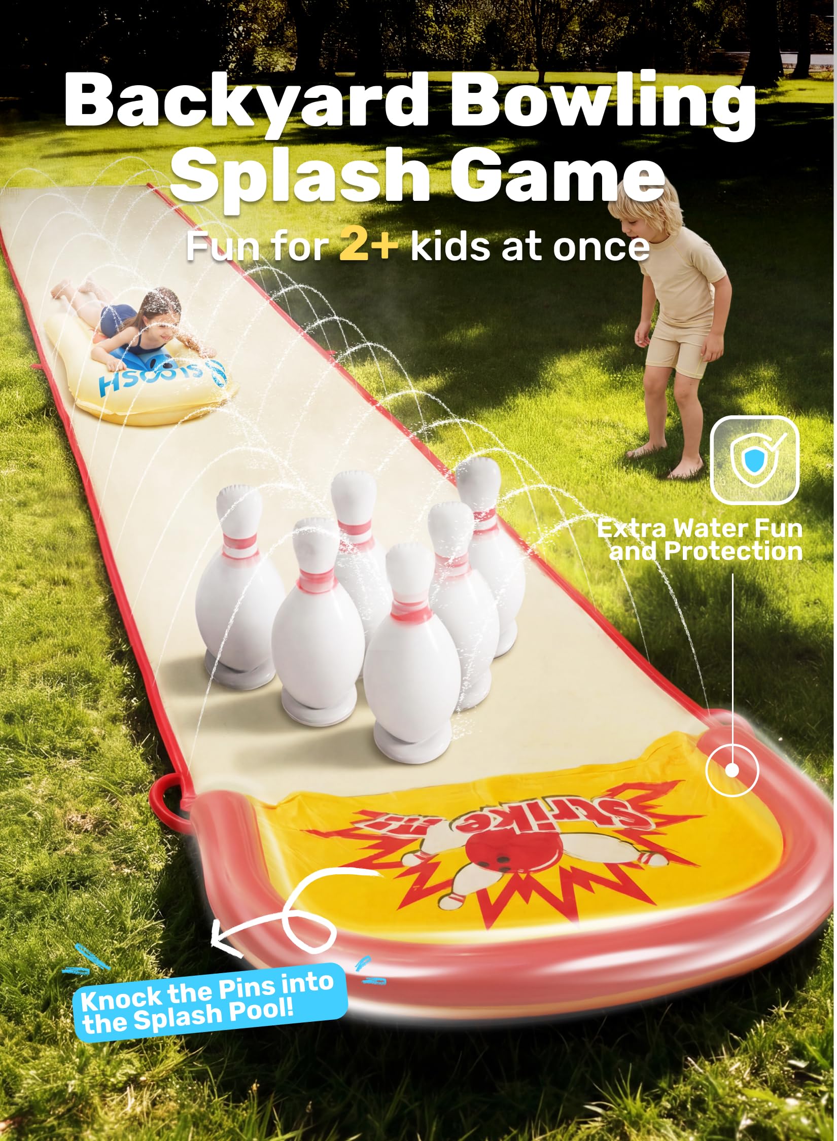 Sloosh Tobogán acuático de jardín de 6,7 m (22 pies) con Juego de Bolos inflables, Doble Carril con aspersores, tobogán para césped para divertirse al Aire Libre