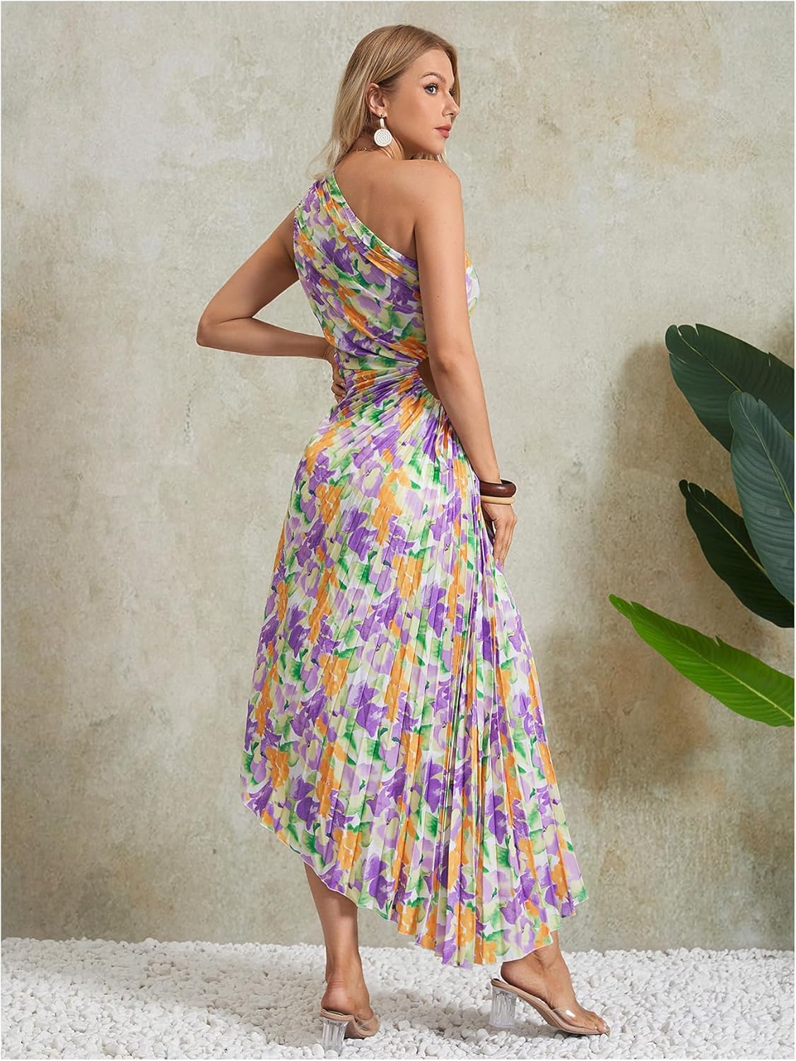 MakeMeChic Women's Casual Striped Cut Out One Shoulder Sleeveless High Waist Summer A Line Maxi Dresses - Image 2