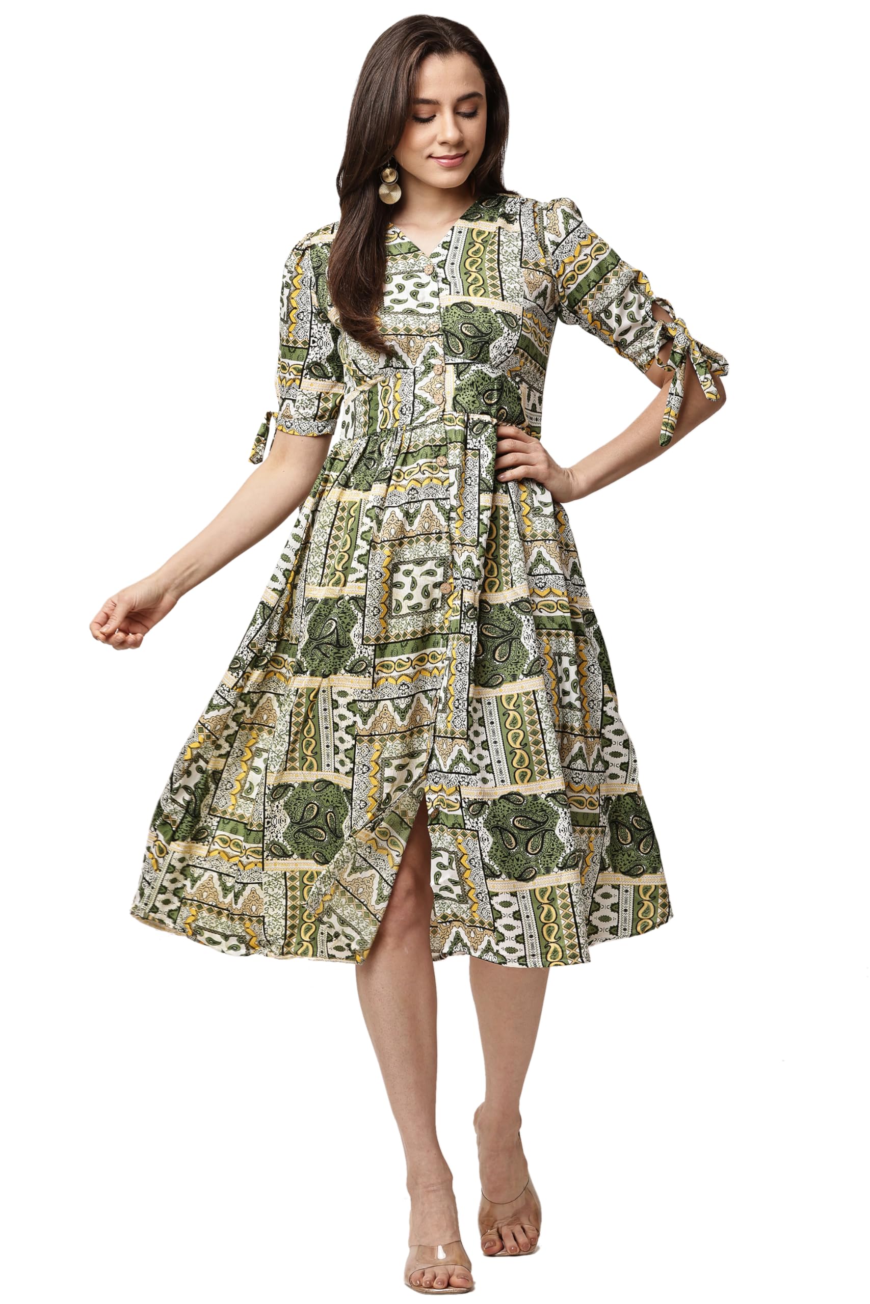 Women's Jaipuri Ethnic Motif Print Fit and Flare Dress | V-Neck A-Line Midi Frock-image-25
