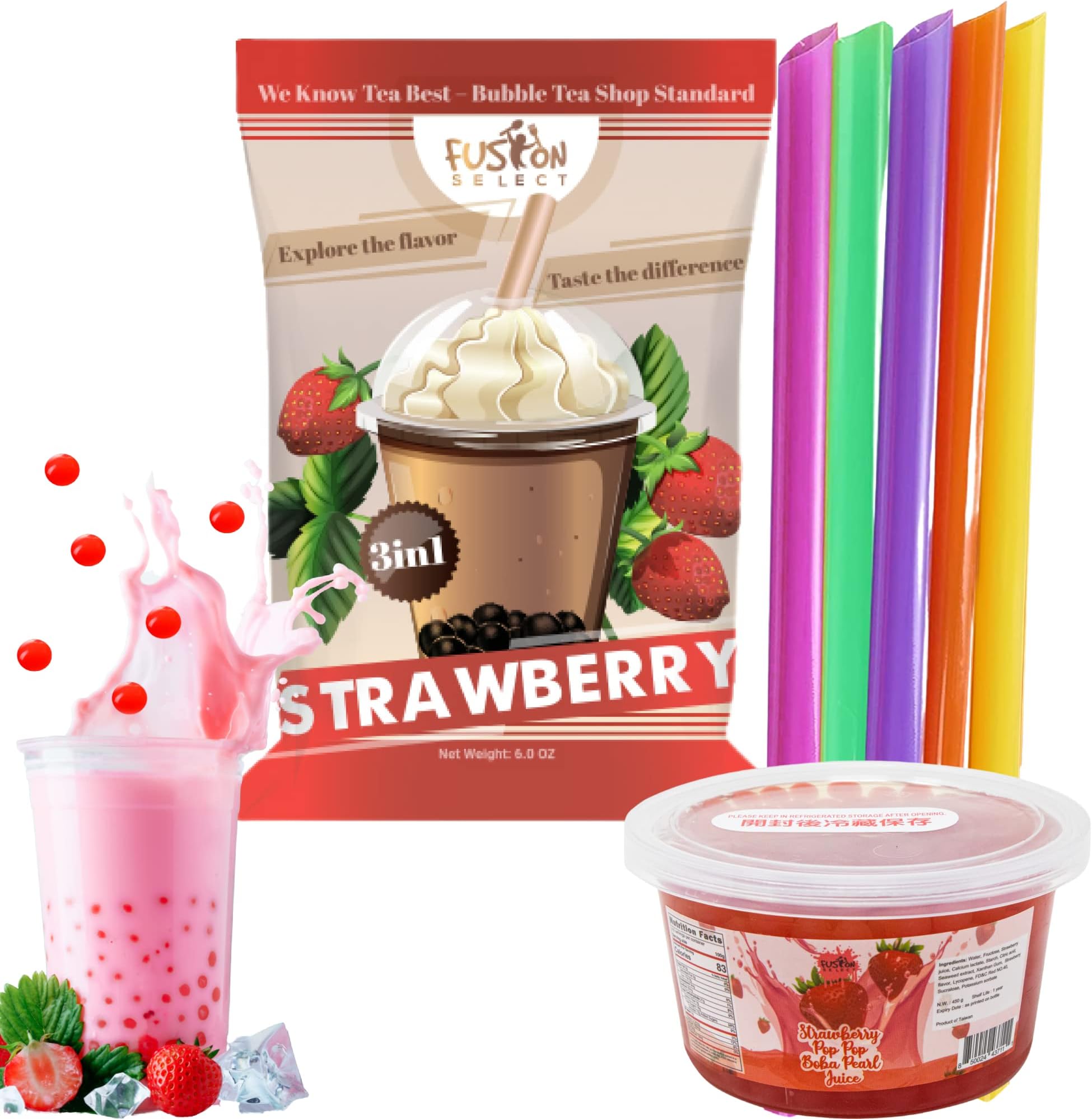 Fusion Select Ultimate Strawberry Bubble Tea DIY Kit Popping Boba Kit – 3-in-1 Bubble Tea Powder, Flavored Bursting Boba, Large Straw