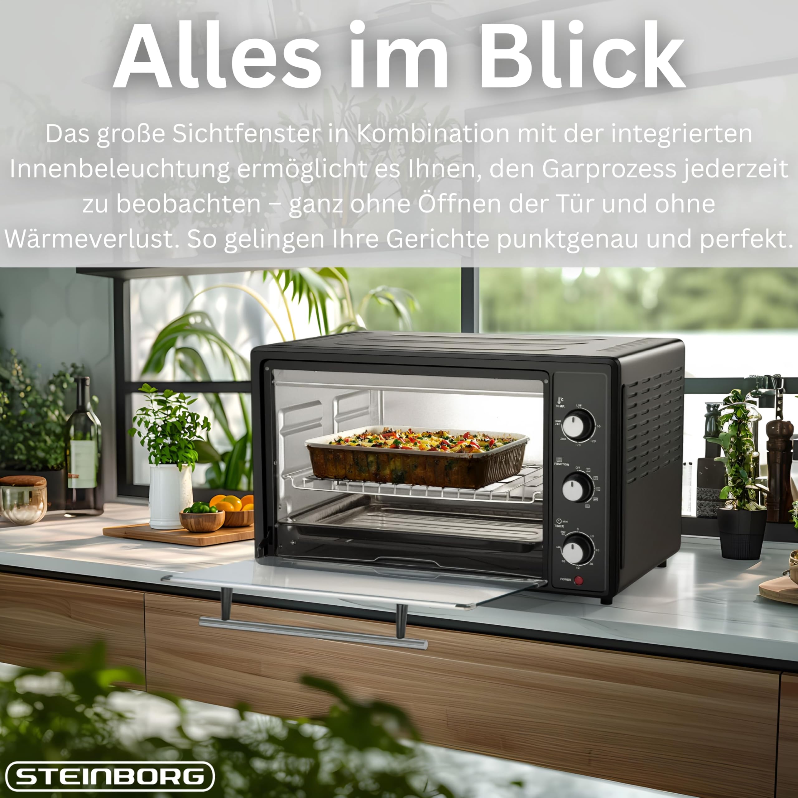 Mini piekarnik 45 litrów z termoobiegiem | elektryczny rożen obrotowy | 1800 W | piec termoobiegowy | piec do pizzy | oświetlenie wewnętrzne | w zestawie blacha do pieczenia i ruszt do grillowania |