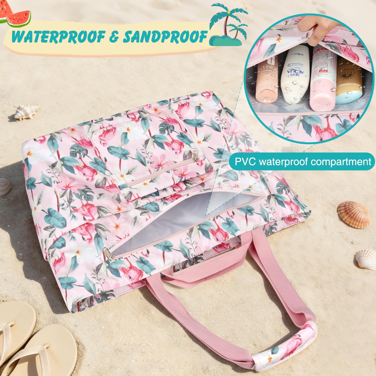 Bolsa Playa Mujer Grande Xxl Familiar Bolsos Playa Con Cremallera Beach Bag Plegable Bolsa Viaje Ligero Tote Bag Mujer Para Playa, Viajes, Picnic. 50L