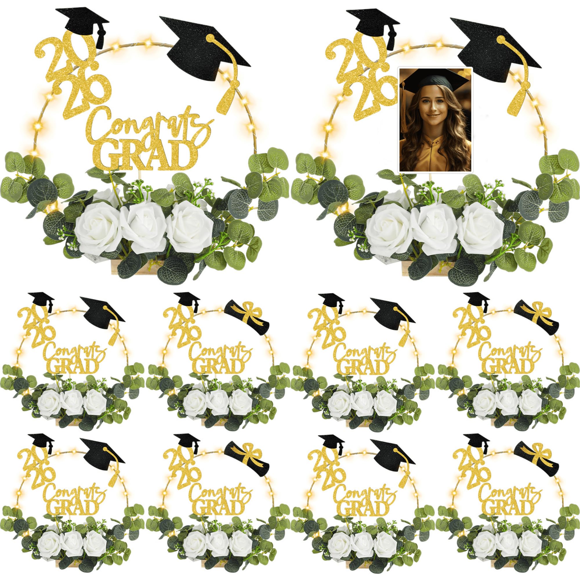 Photo 1 of Yunsailing 8 Set 2026 Graduation Centerpiece Class of 2026 Table Photo Display Stand Decor with 8 Hoop Centerpiece 16 Toppers 48 Artificial Flowers and Leaves for Grad DIY Craft Party(Gold and White)