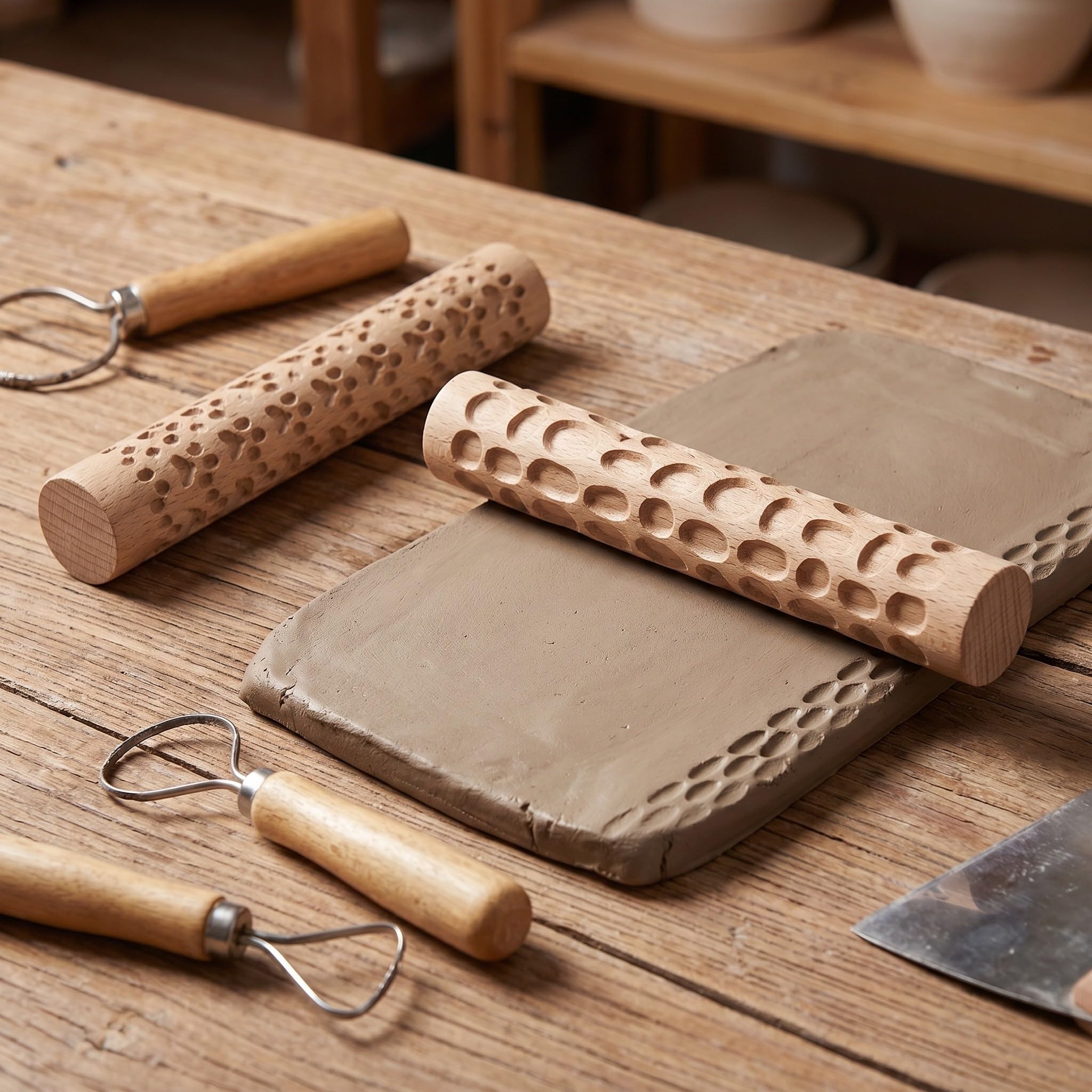 Kichvoe Set 10 Pezzi Mattarelli in Legno Manico per Argilla e Pasta Polimerica, Incisioni Naturali e Design a Bordo per Sessioni di Arte Familiare e Formazione Adulti