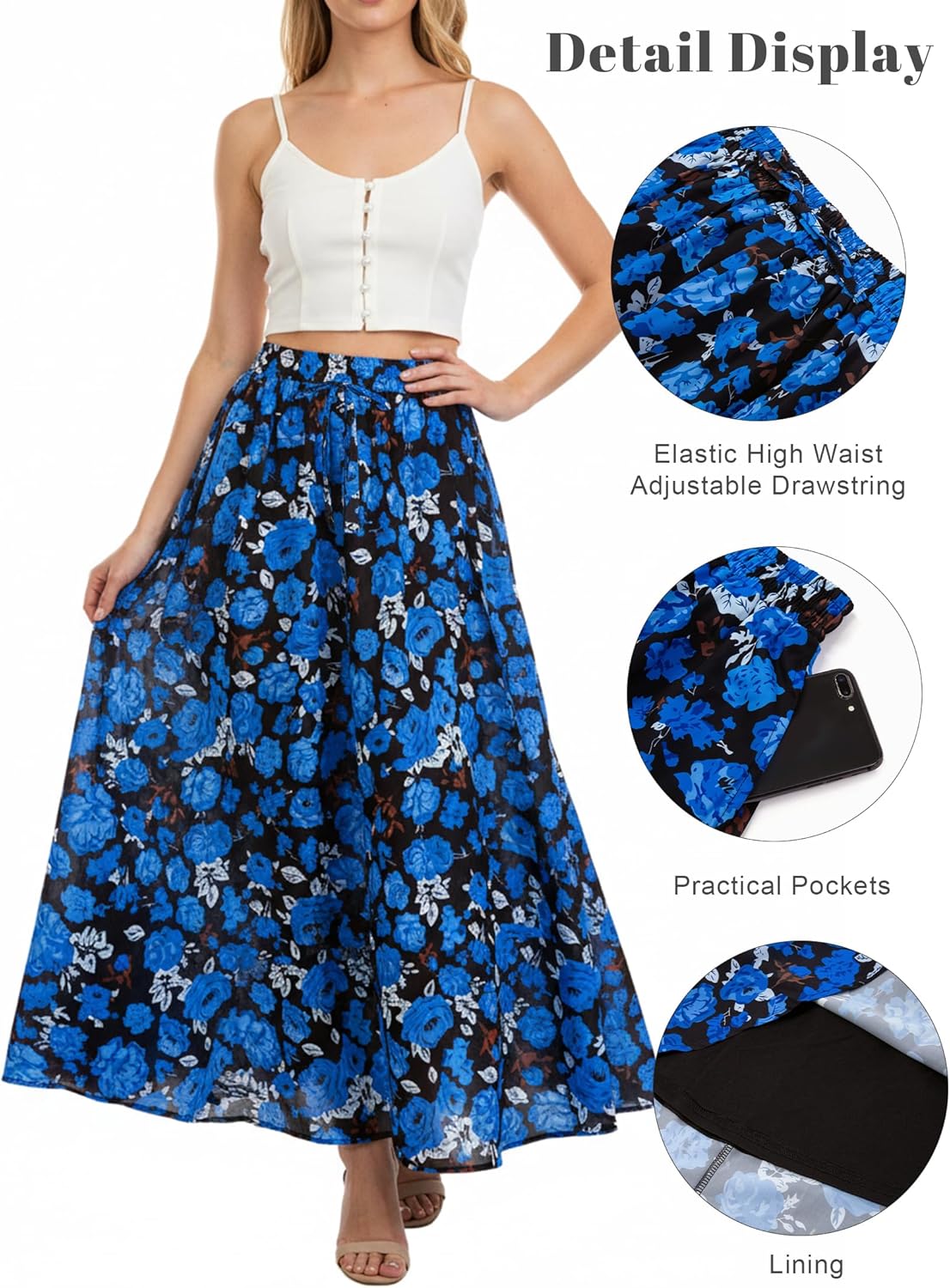 Maxi Skirt for Women Floral Boho A-line Long Summer Skirts with Elastic High Waist Adjustable Drawstring, Pockets - Image 4