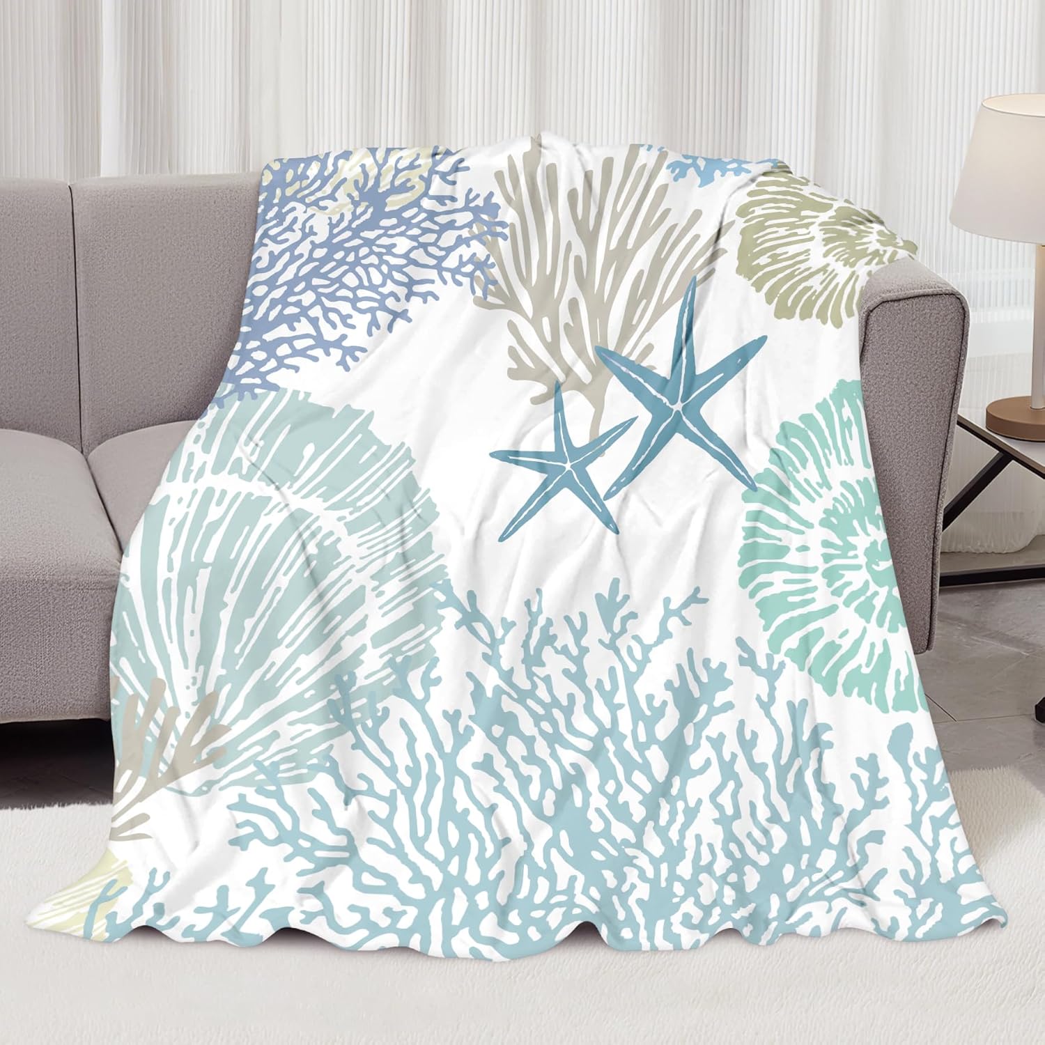 Fleece Throw Blanket Super Soft Warm Flannel Nautical Coastal Child Blankets for Couch, Sofa Bed, Cozy,Fuzzy and Lightweight,Ocean Coral Beach Blue Teal,40x50 Inches