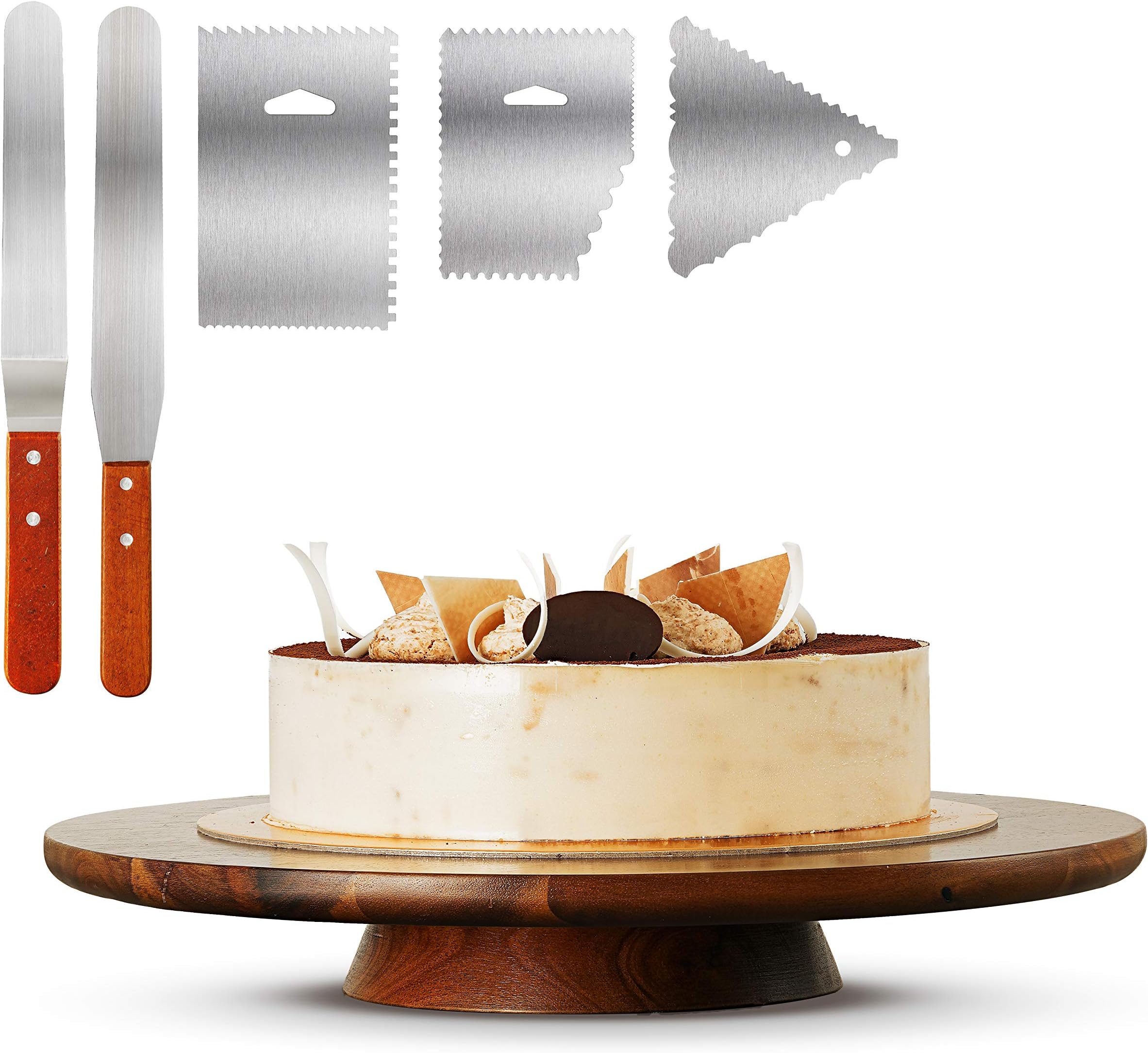 Wood Cake Stand Acacia – 13 inch Cake Stand Turntable– Revolving Cake Decorating Stand - 100% Natural ideal for Use at Parties, Weddings, Restaurants – Very Stable