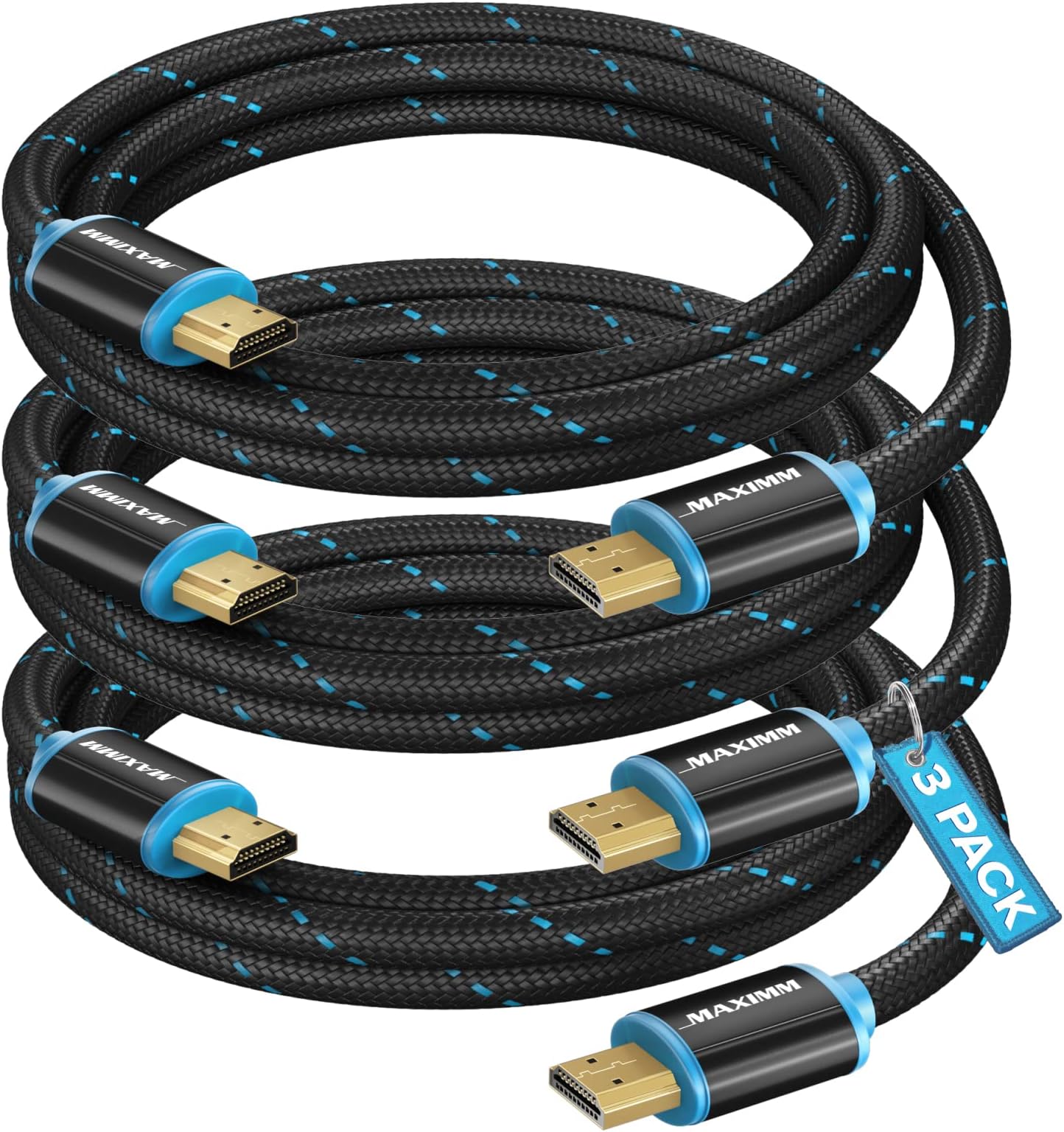 Maximm HDMI Cable 4K Ultra HD 2 Foot (3 Pack) Nylon Braided HDMI 2.0 Cable, High Speed 18Gbps 4K@60Hz HDR, 3D, 2160p, 1080p, HDCP 2.2, ARC, HDMI Cables for Monitors, HDTV