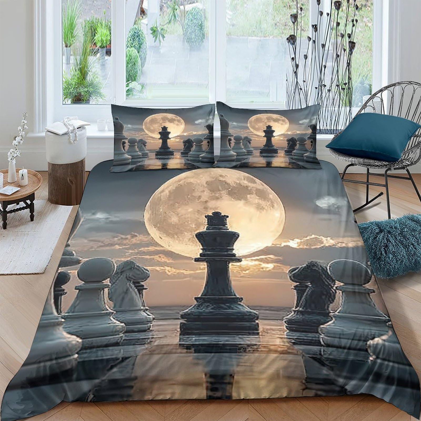 Ctjqhvkz Style-4 3D Printed Moonlight Chess Fitted Sheet Microfiber Soft Anti-Slip Bed Cover For Bedroom Dorm Decorative Single（135X200cm）