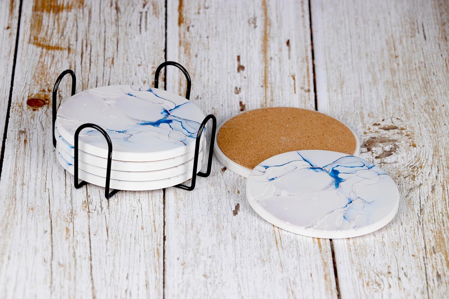 Marble Ceramic Coasters with Metal Holder 6 Pcs Abstract Absorbent Drink Round Ceramic Table Coasters Set Decorative Coffee Cup Beverage 4 Inches- Light Blue - Image 3