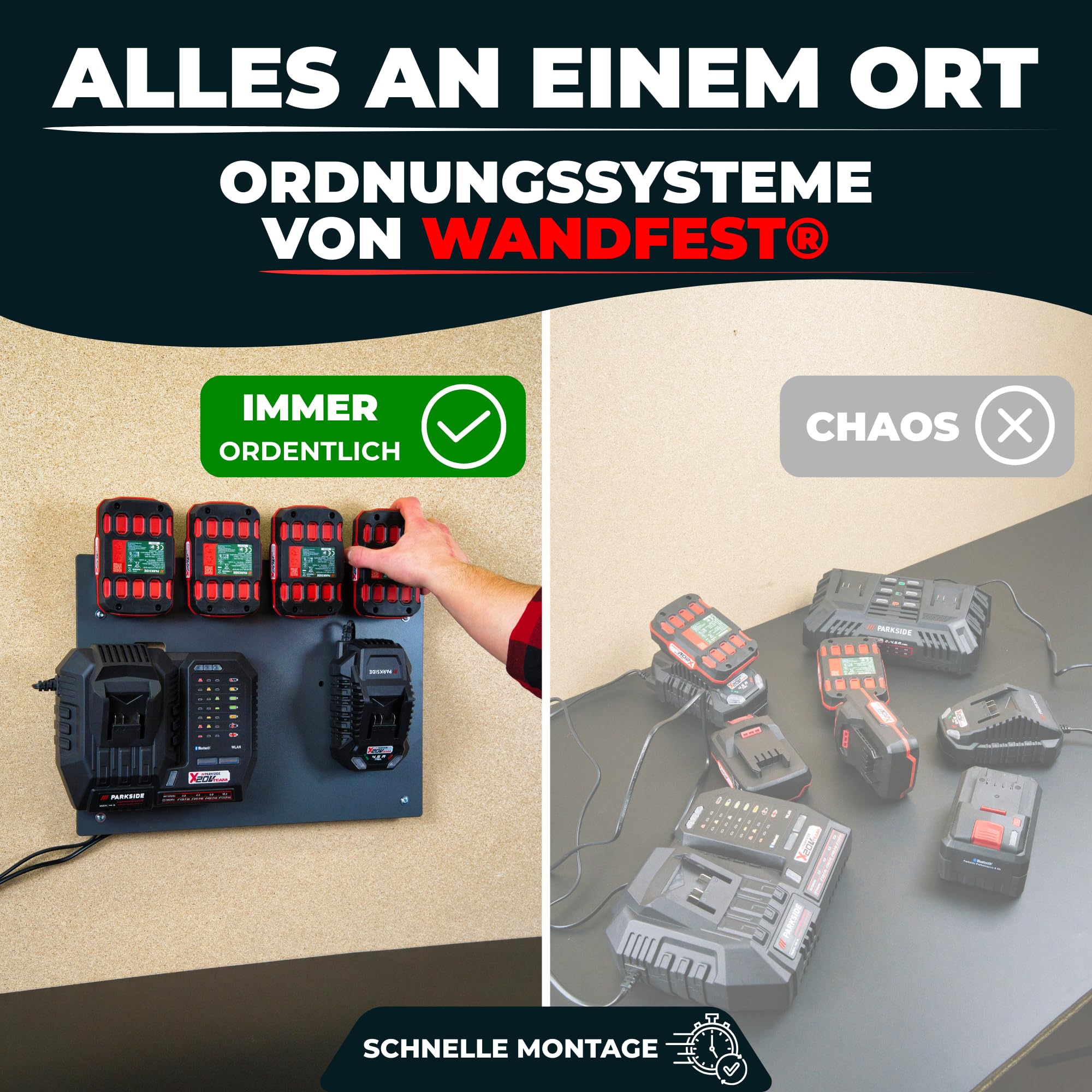 Wandfest® Supporto da parete per batterie e caricabatterie Parkside, con materiale di fissaggio [Made in Austria], supporto per batteria per 1-4 batterie, ora più ordine in officina e garage