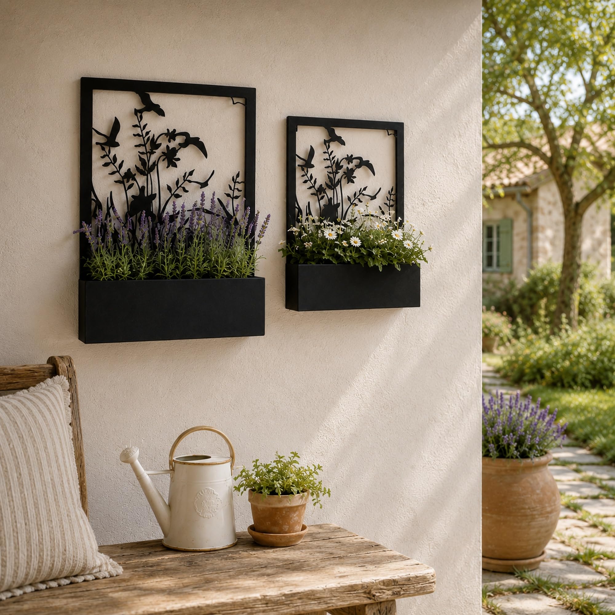 UNUS Metall Blumenkasten 2er Set schwarz Blumen & Vögel