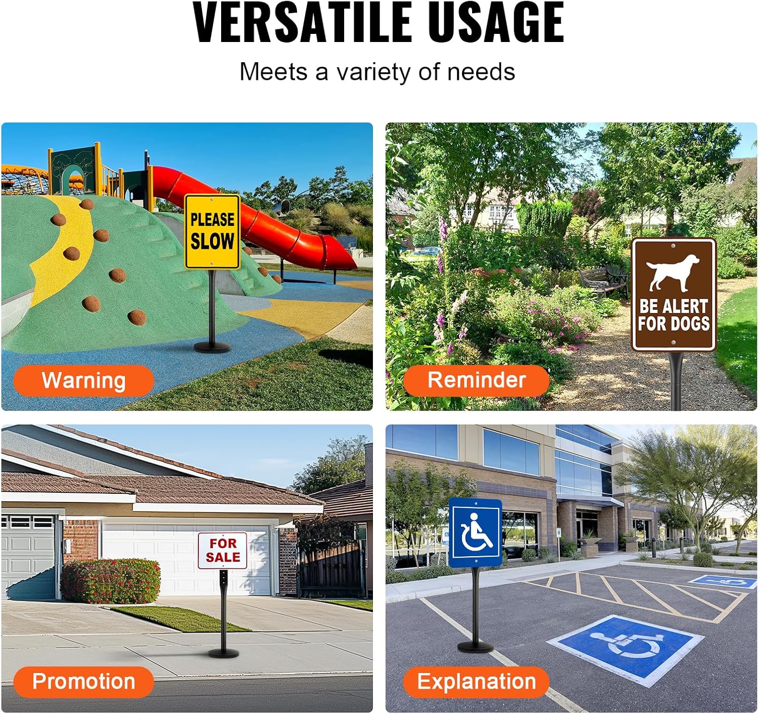 VEVOR Portable Sign Post, 1-Pack, 4 ft Tall, Metal Sign Stands with Heavy Duty Cast Iron Base, Multi-Hole Design for Easy Installation, Wind-Resistant, for Indoor and Outdoor Parking, Warning, Notice