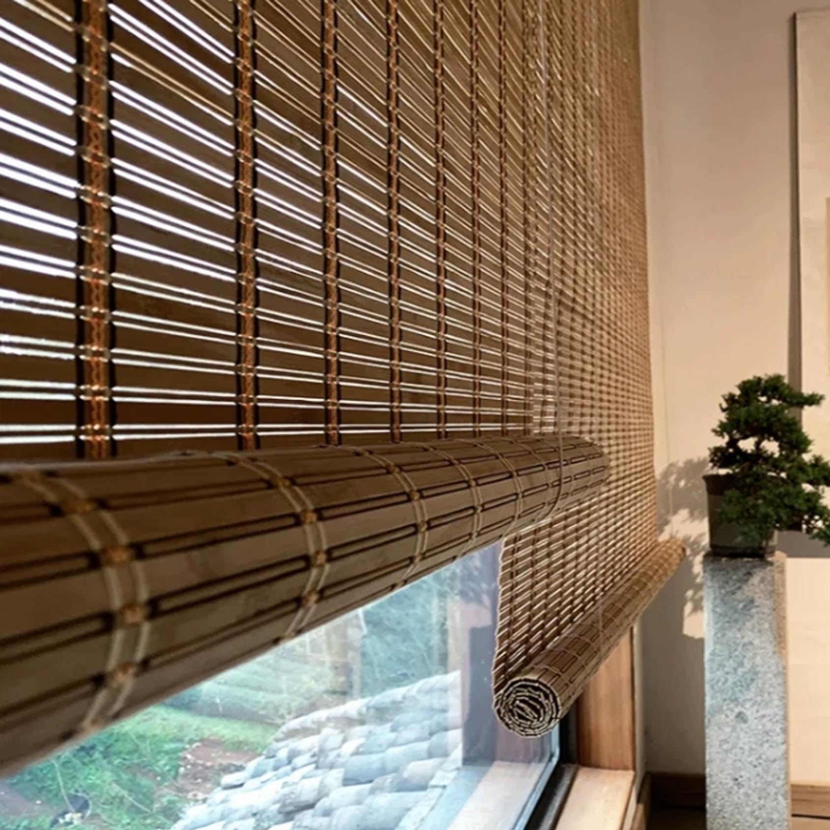 Natürlich Bambusrollo Mit Lifter Bambus jalousien sichtschutz Rollo Fenster Sonnenschutz für Terrasse Natur Holzrollos Seitenzugrollo Für Balkon,Anpassbar