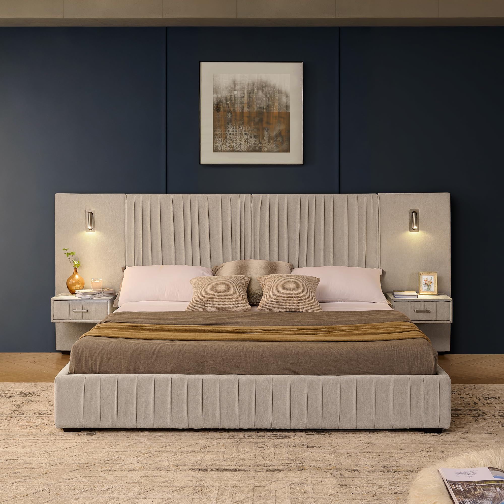 VORTHLOM Chenille Upholstered King Size Bed Frame with Pleated Design, Integrated Headboard and Nightstands, Adjustable Bedside Lamps, No Box Spring