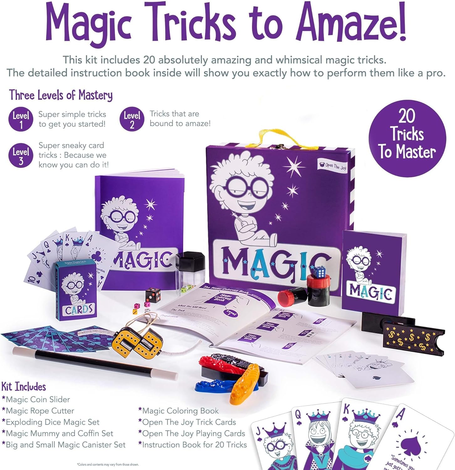 Open The Joy Magic Activity Kit - Unleash The Magic with Tricks for Beginners - Includes Magic Wand, Card Tricks, Exploding Dice, Magic Coloring Book, Rope Cutter - Perfect for Boys and Girls Ages 4+