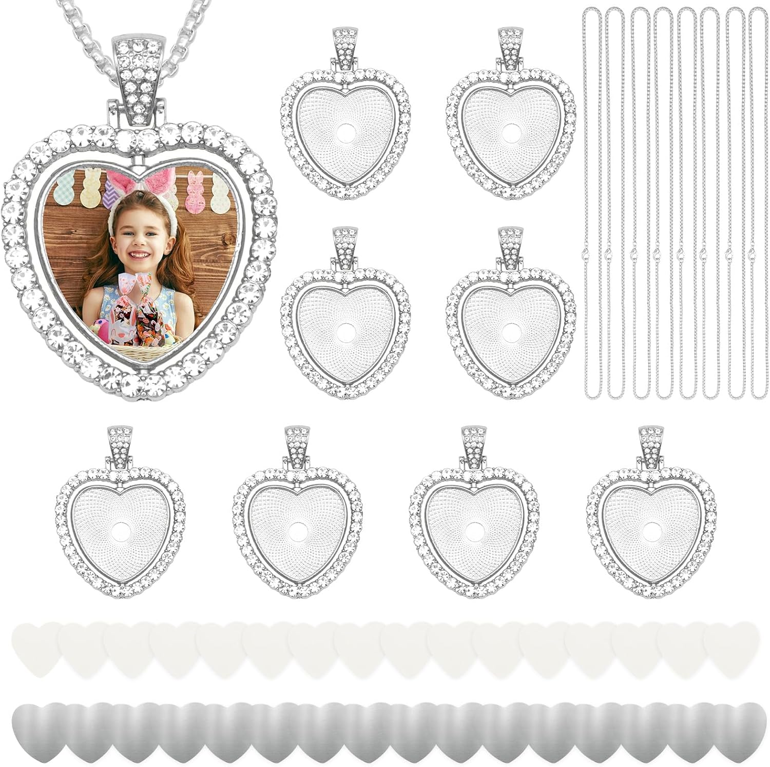 ZYNERY 48 Pcs Sublimation Rhinestone Trays Pendant Set, Sublimation Necklace Blank with Chain, Includes 8 Double Sided Blank Rhinestone Bezel Trays, 8 Chains, 16 Sublimation Discs, 16 Tapes (Heart)