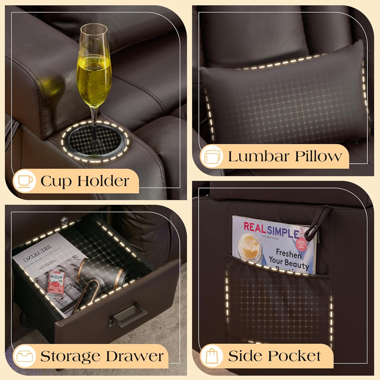 TUNYI RV Loveseat Recliner Sofa, Wall Hugger Reclining Loveseat with Console RV Recliner Sofa with Cup Holder/USB&C/Outlet/Pillow/Storage Drawer for Travel Trailers (Brown)