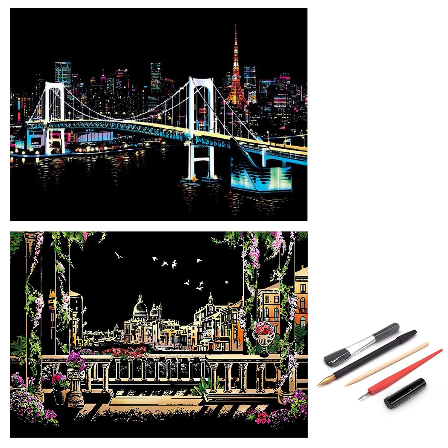 MALL Scratch Paper Painting Art Kits，Scratch Rainbow Painting Art Paper,Scratch Painting Creative Gift Engraving Art & Craft Set with 5 Tools,16''x11'' (Venice Water City and Tokyo)