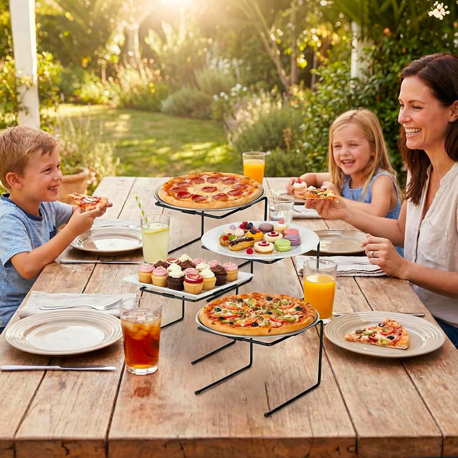 MyGift Black Metal Pizza Table Stands, Tabletop Pizza Pan Riser Food Platter Tray and Display Rack, Set of 4