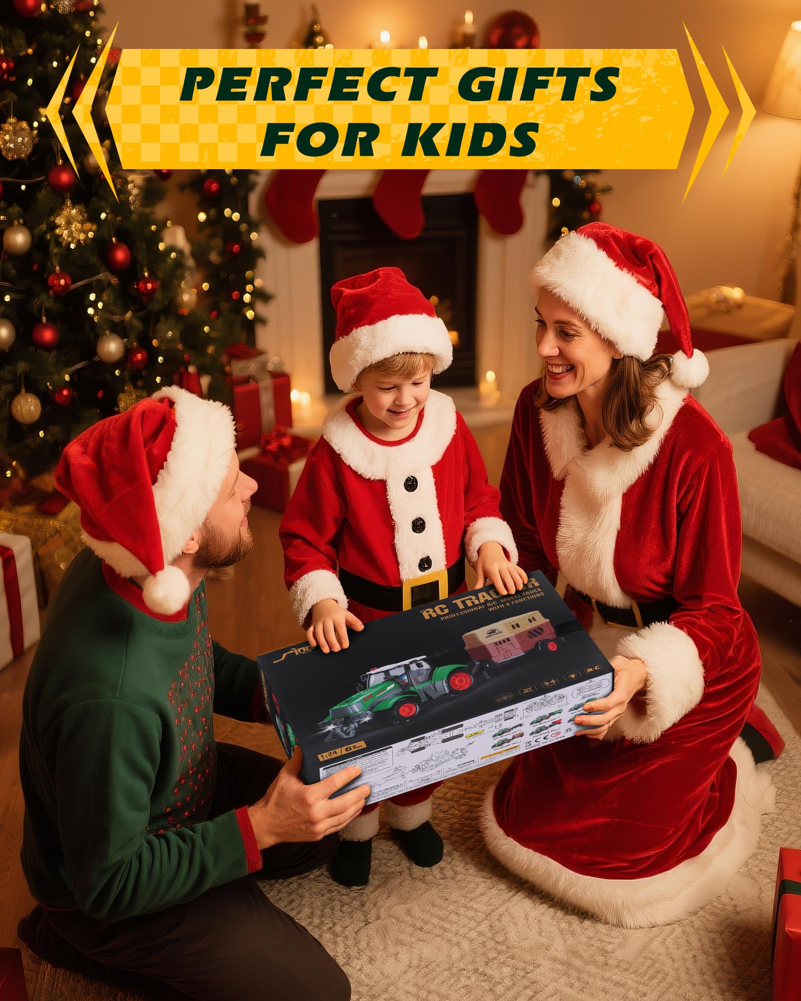 Tractor de control remoto, escala 1/24 con remolque volquete, juguete de vehículo agrícola RC recargable con luz y sonido para niños, regalo ideal de cumpleaños de Navidad para niños y niñas 2