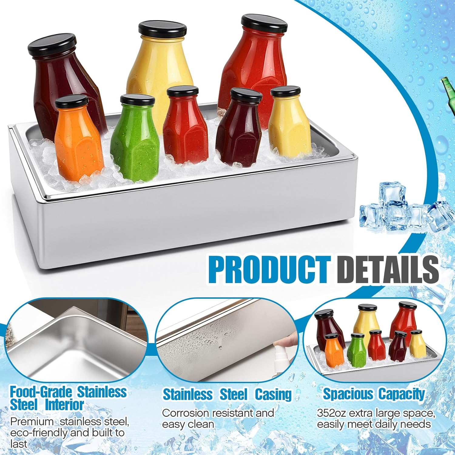 Ice Housing Bin with Removable Tray Ice Holder Container Wine Beer Champagne Drink Bucket Beverage Tub for Freezer Display Buffet Bar Counter Party Drink Chiller(Stainless Steel,21" X 13" X 5.5")