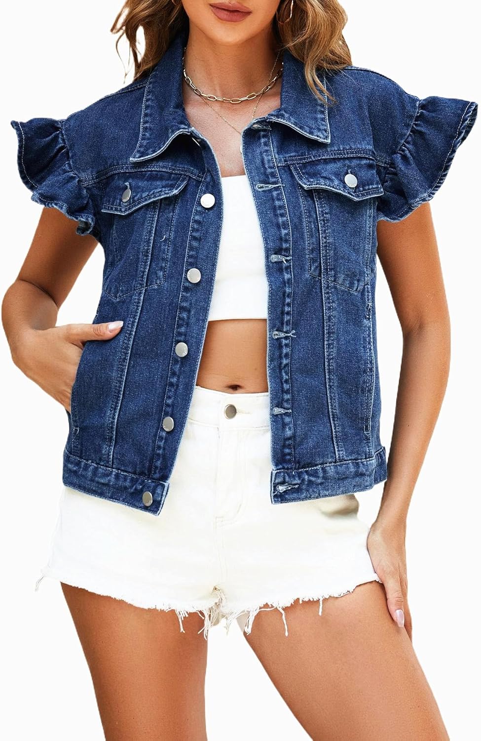 Ladyful Womens Denim Vest Top Ruffle Cap Sleeve Jean Vest Button Down Sleeveless Denim Jacket