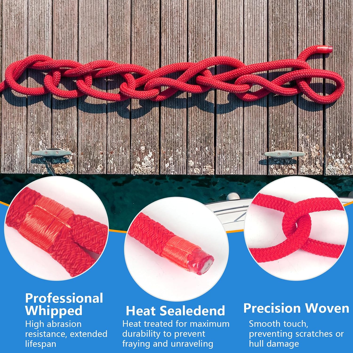 1/2" x 20' Dock Lines 2 Pack, Boat Dock Lines Double Braided with Pre-Spliced 12" Loop, Boat Rope Marine Rope High Strength Mooring for Docking Tie Down (Red)
