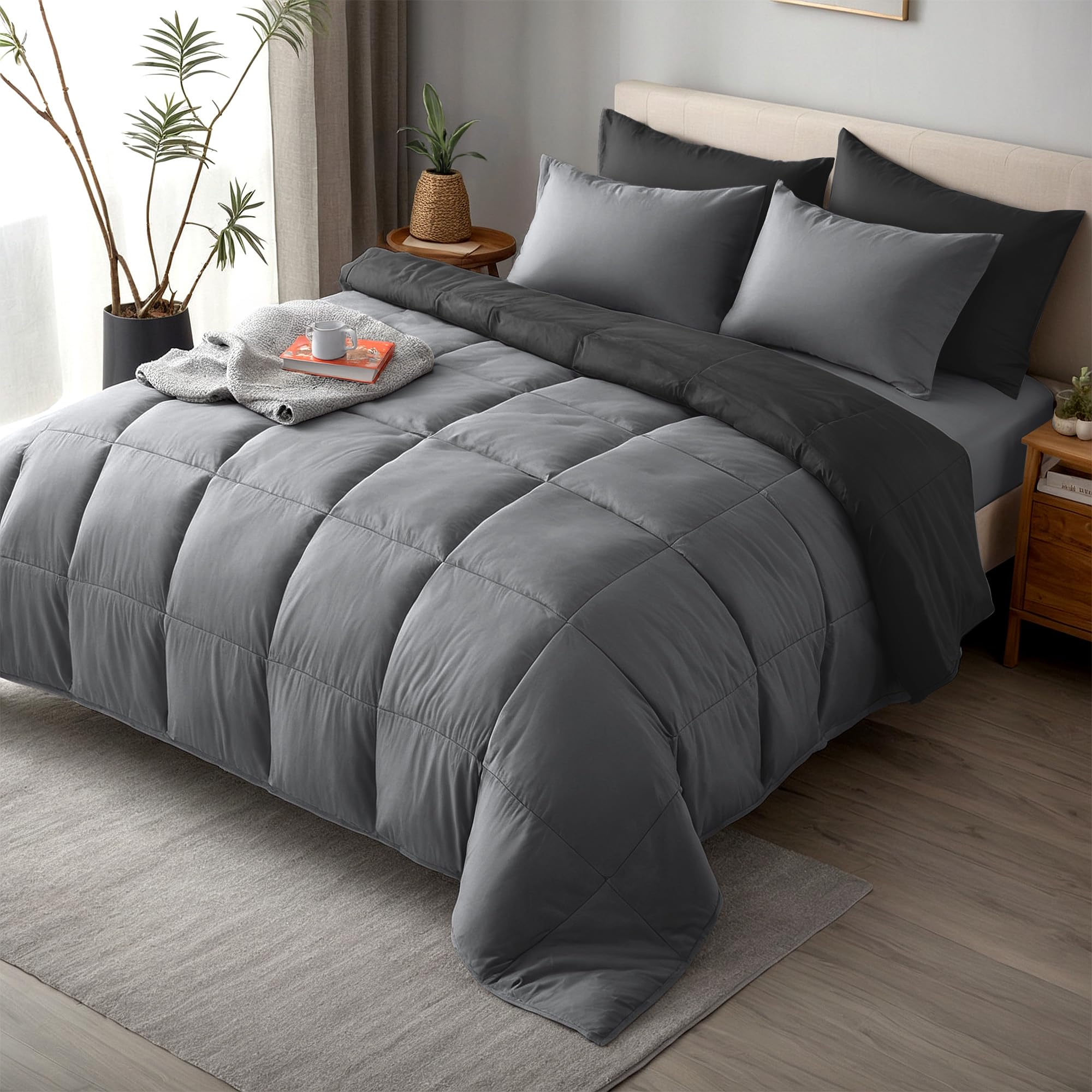 Hotel Linen Klub 6-Piece King Down Alternative Comforter Set- All-Season Ultra Soft Microfiber Duvet Set – Lightweight & Cozy, Size: 240x260 cm – Reversible Bedding Set, Black and Grey Grey King