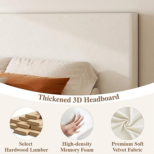 Miniatura 3 de Base de cama tamaño Queen con cabecera, cama de terciopelo con base de madera y listones, base de colchón resistente, opción de somier, sin ruido,