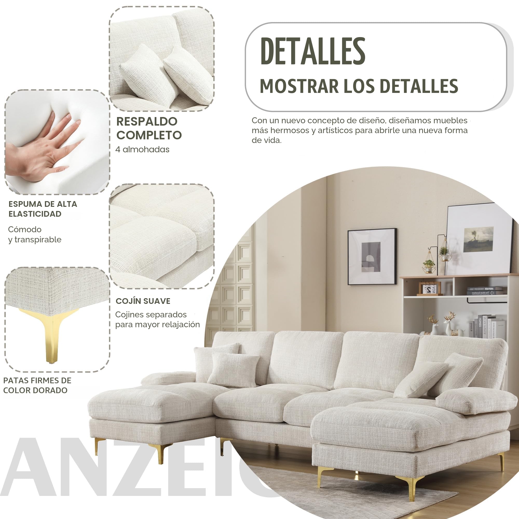 Lubvtti Sofá Moderno Grande de Chenilla en Forma de U con Asientos Dobles reclinables, sofá de Esquina, sofá 4 plazas para Sala de Estar/Dormitorio, Beige