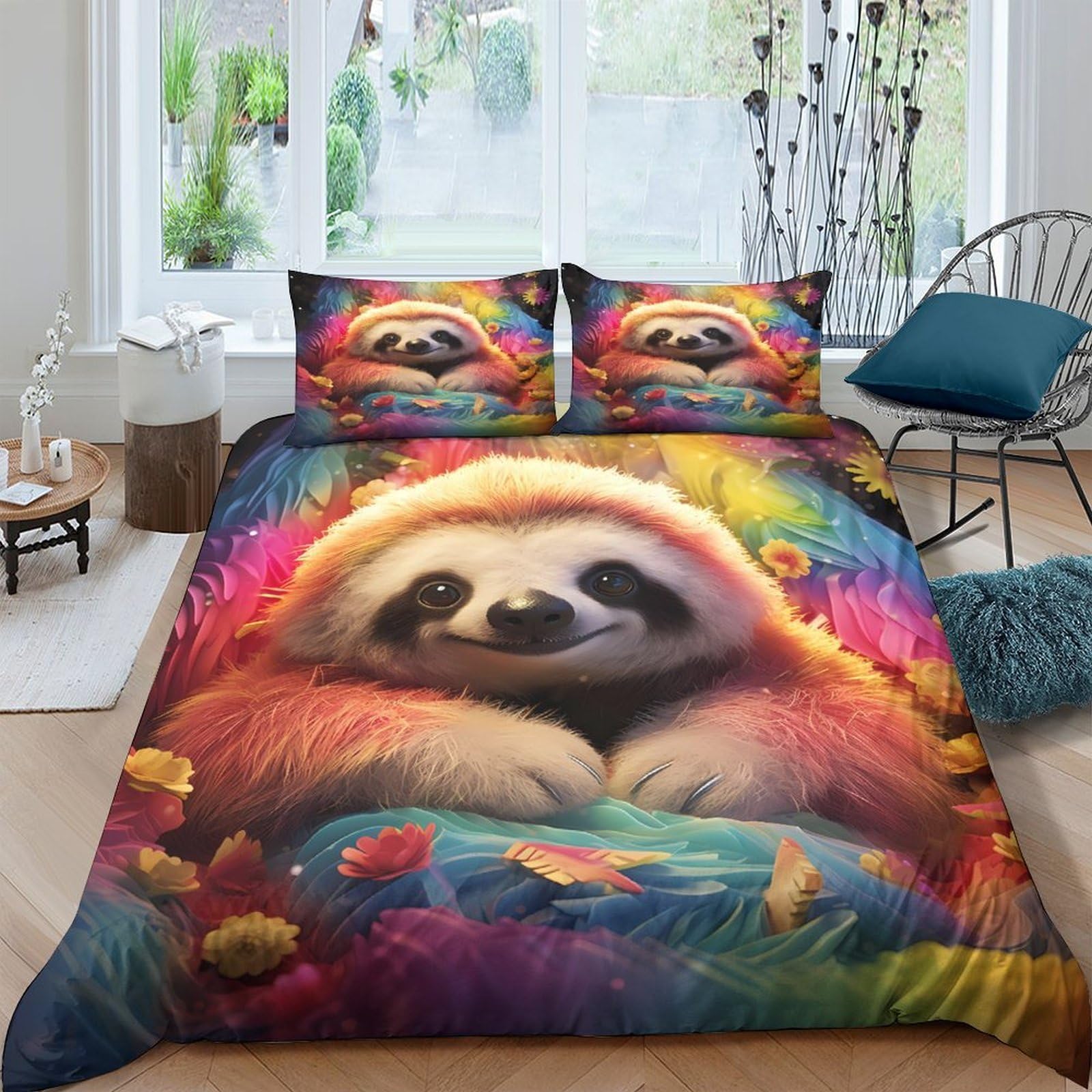 Ctjqhvkz Style-8 3D Printed Colorful Sloth Fitted Sheet Microfiber Soft Bedroom Decor Rainbow Animal Mattress Cover For Home Dorm Single（135X200cm）