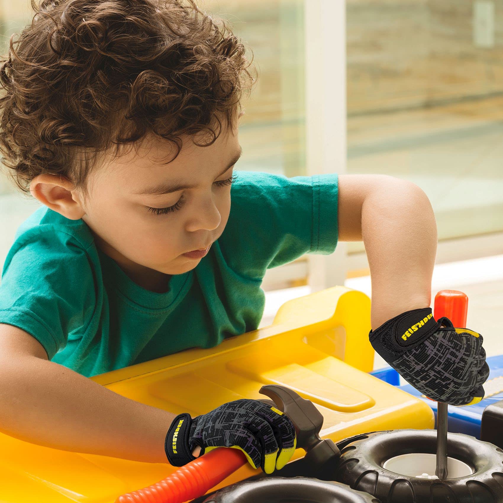 Gants de travail en cuir véritable pour enfants, gants de sécurité, écran tactile, design réfléchissant, respirant, pour enfants de 3 à 12 ans (L, noir)