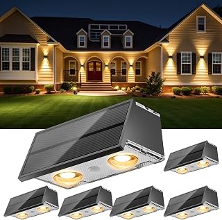 NIORSUN Solar Fence Lights,6 Pack Deck Light,Led Outdoor Lights 3000K/4500K/6000K+ RGB Up & Down Wall Lights Waterproof,Solar Powered Light for Backyard/Pool/Railing/Patio/Porch/Step Black