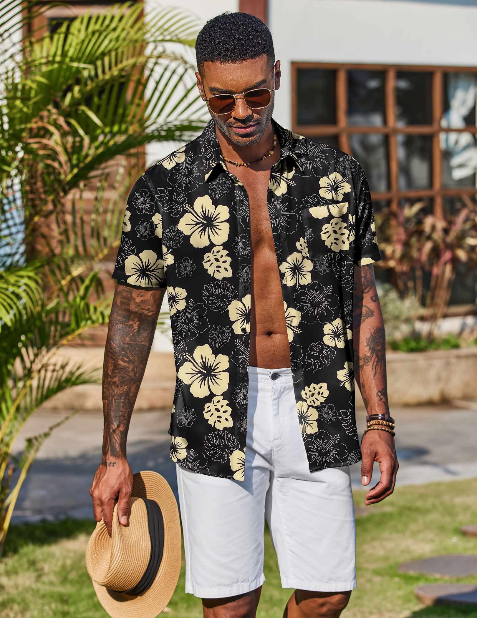 COOFANDY Camicia hawaiana da uomo a maniche corte estiva abbottonata camicie tropicali vacanze spiaggia Aloha camicie con tasca