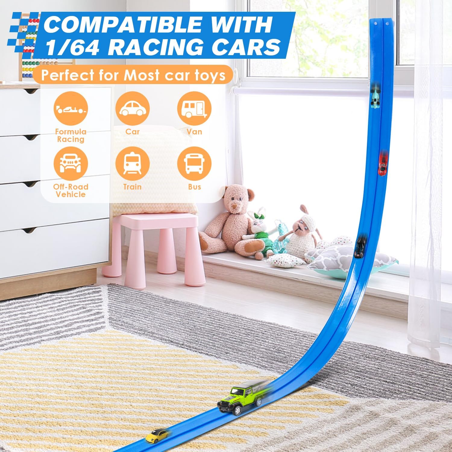 Flexible Race Car Track for Kids 15 Ft Flex Tracks Starter Set Compatible Toy with Suction Cups Compatible with Diecast 1/64th Cars, Long Kid Cars Ramp with Suction Cups for Indoor & Outdoor Ages 3+