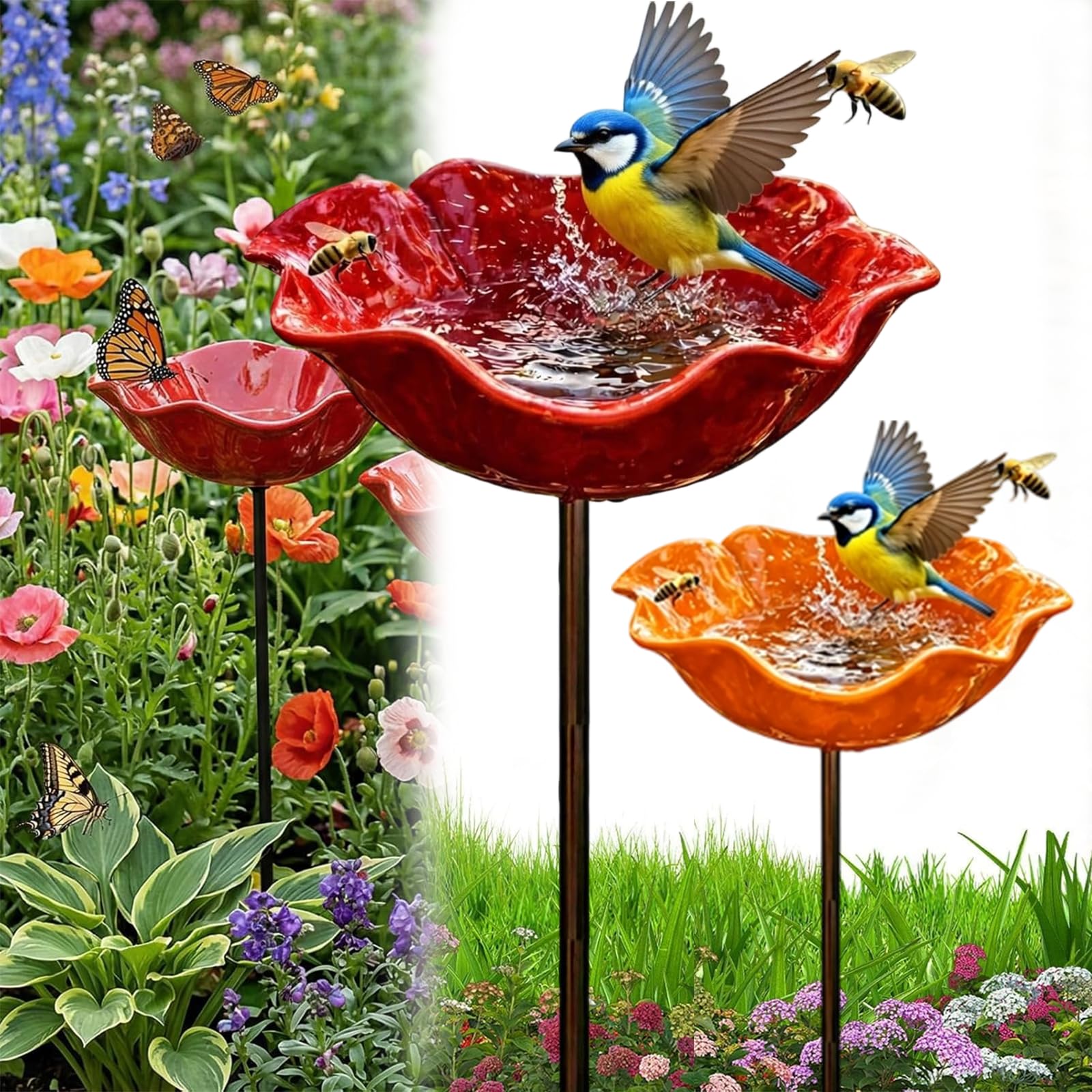 Handmade Metal Flower Garden Stake with Bird Bath Water Bowl, Metal Flower Garden Stake Bird Feeder, Colorful Outdoor Bird Bath Bowl for Yard, Lawn & Patio Décor (2PCS-red orange)