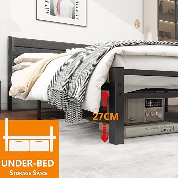 King Size Bed Frame with Upholstered Headboard,150x200cm,Dark Gray