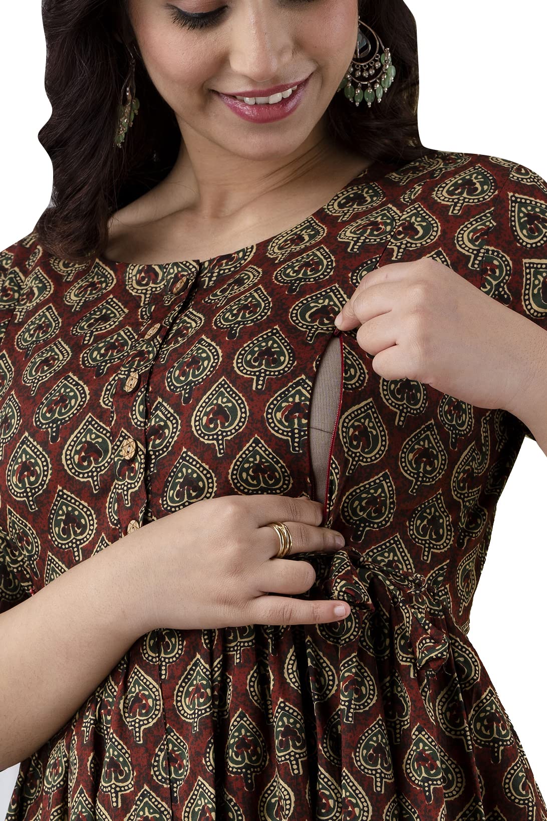Women's Printed Cotton Maternity Designer Kurti Gown (Maroon Pan)-image-45