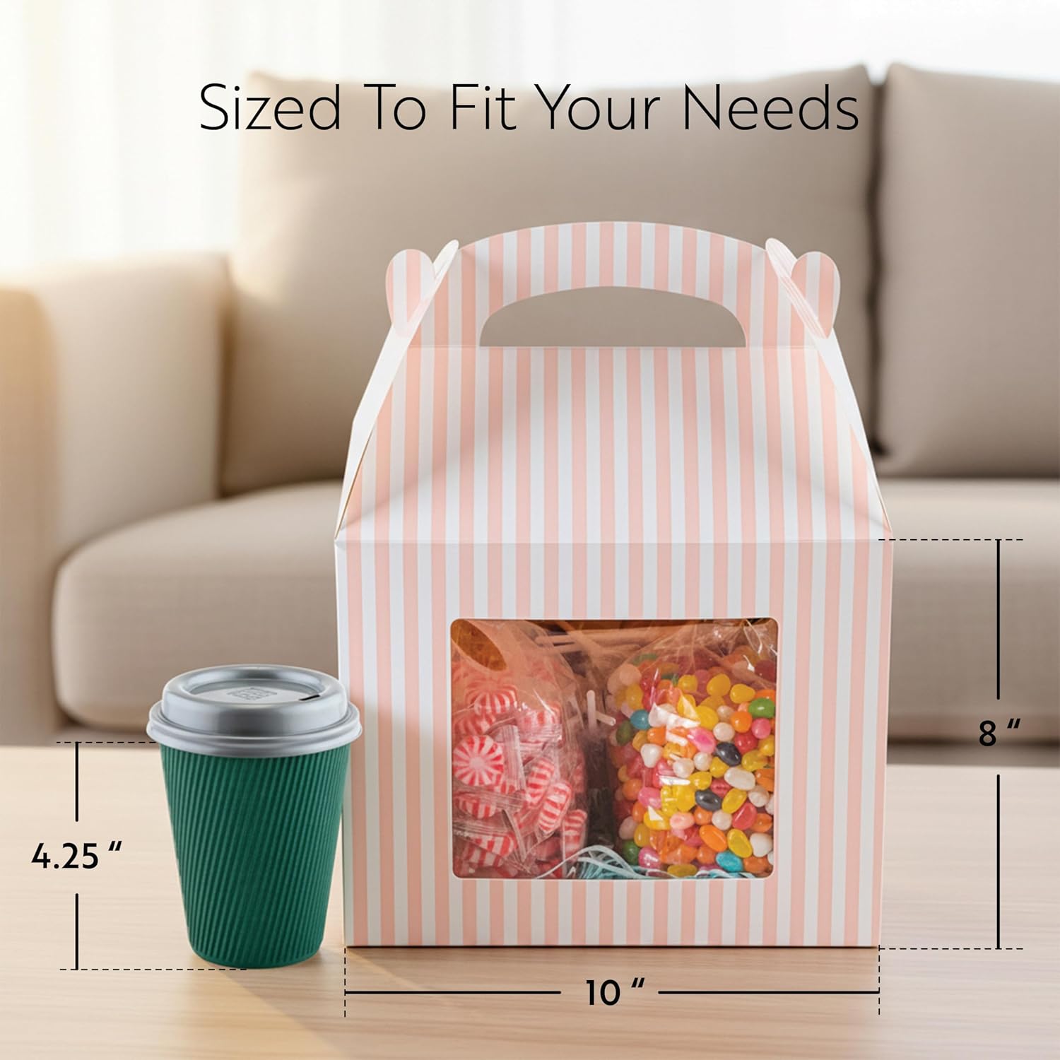 Bio Tek 10 x 7 x 8 Inch Gable Boxes For Party Favors, 25 Attractive Gift Boxes - Striped Pattern, Clear PET Window, Pink & White Paper Barn Boxes, With Built-In Handle