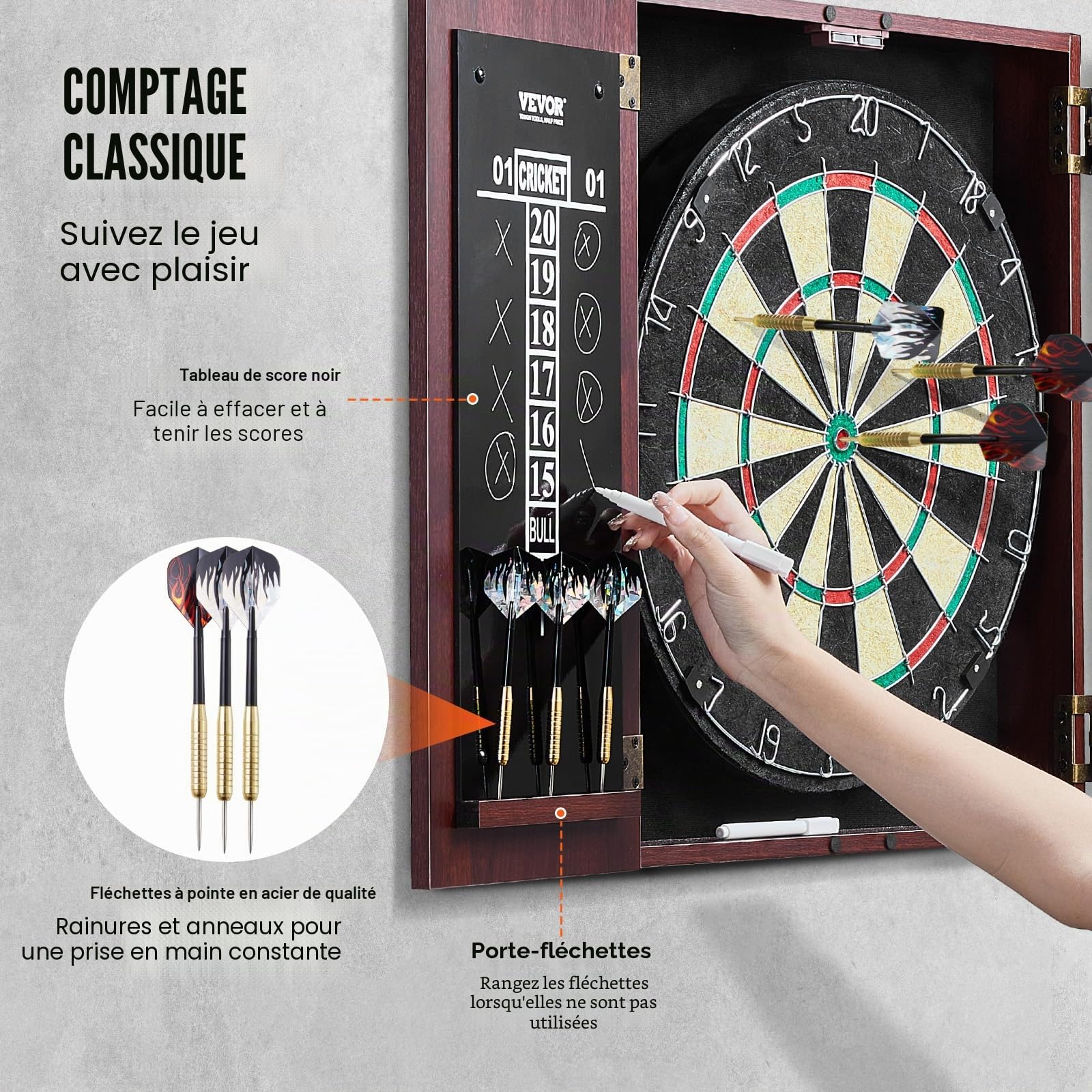 VEVOR Cible de Fléchettes et Armoire Prêt à Jouer, Armoire à Fléchettes de Taille Officielle, Jeu de Fléchettes à Pointe en Acier, Assemblage Facile, Accessoires Complets, pour Jeux de Cricket