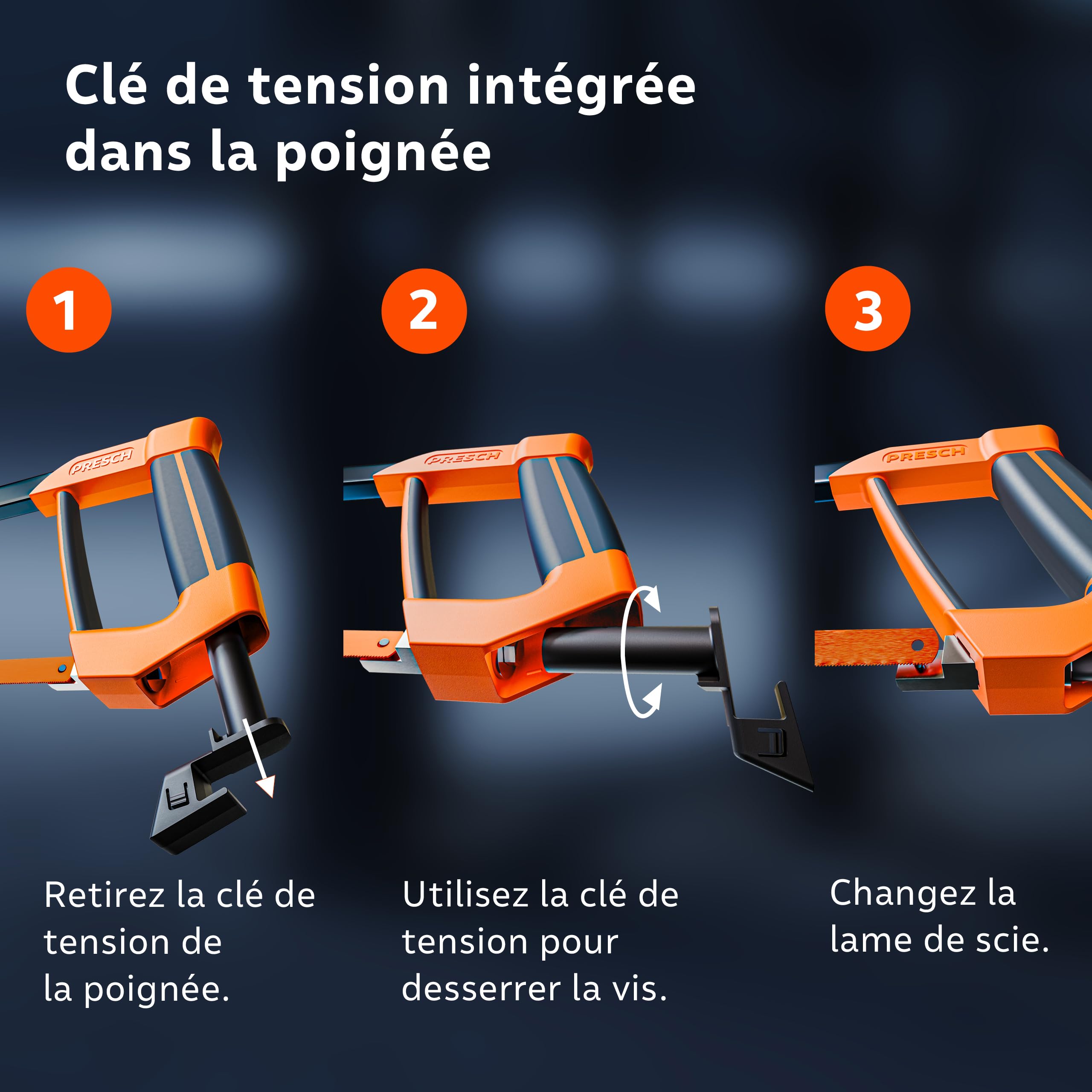 Presch Scie à métaux 300mm - Avec lame de scie BI-métal pour une coupe précise - Rotation de 90° de la lame de scie pour des coupes horizontales & verticales - Poignée avec clé de tension incluse