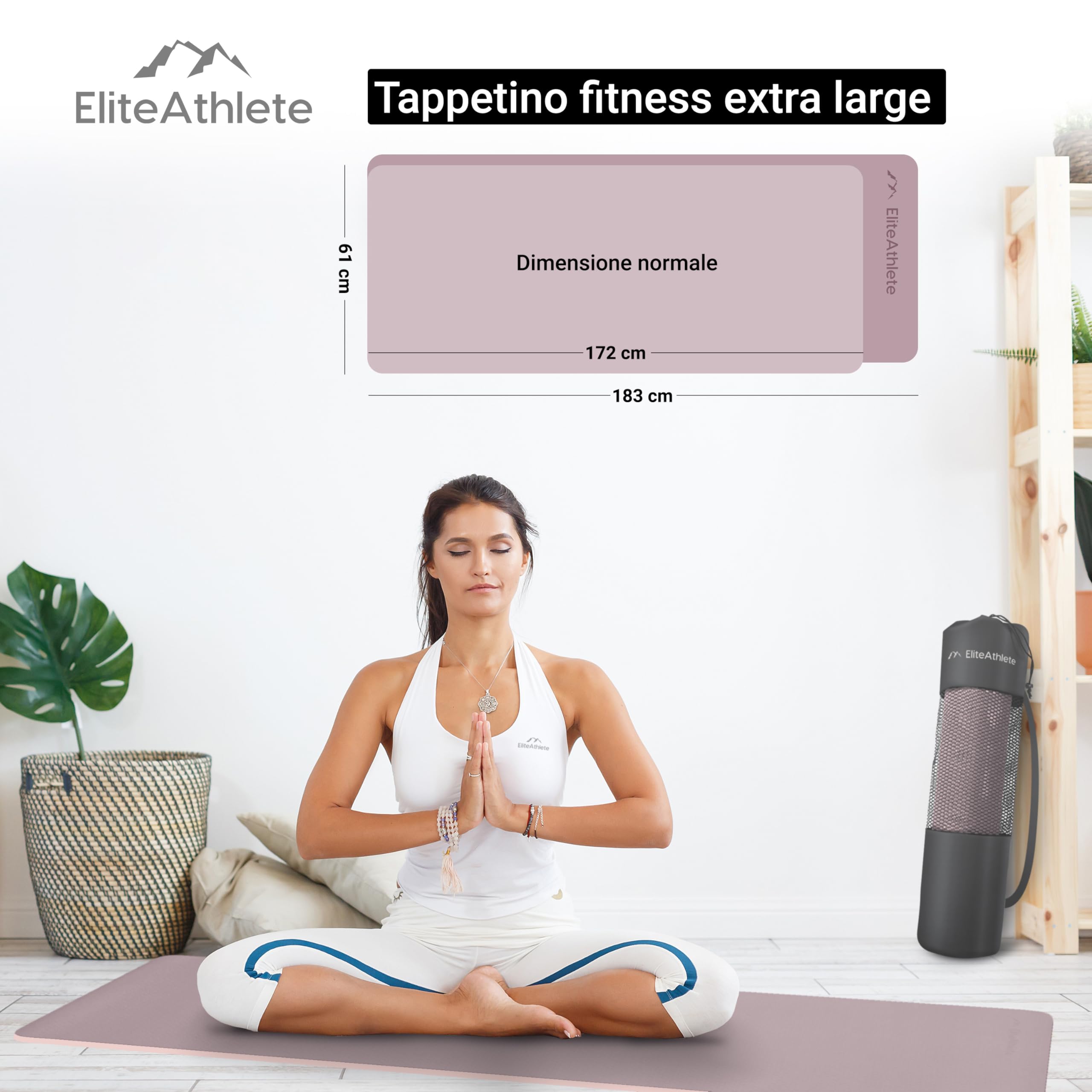 EliteAthlete Tappetino Yoga - Tappetino Palestra - Tappetino fitness - Yoga Mat antiscivolo fitness pilates - 183 x 61 x 0,6 cm - Tappetino esercizi incl. cinghia di trasporto + borsa