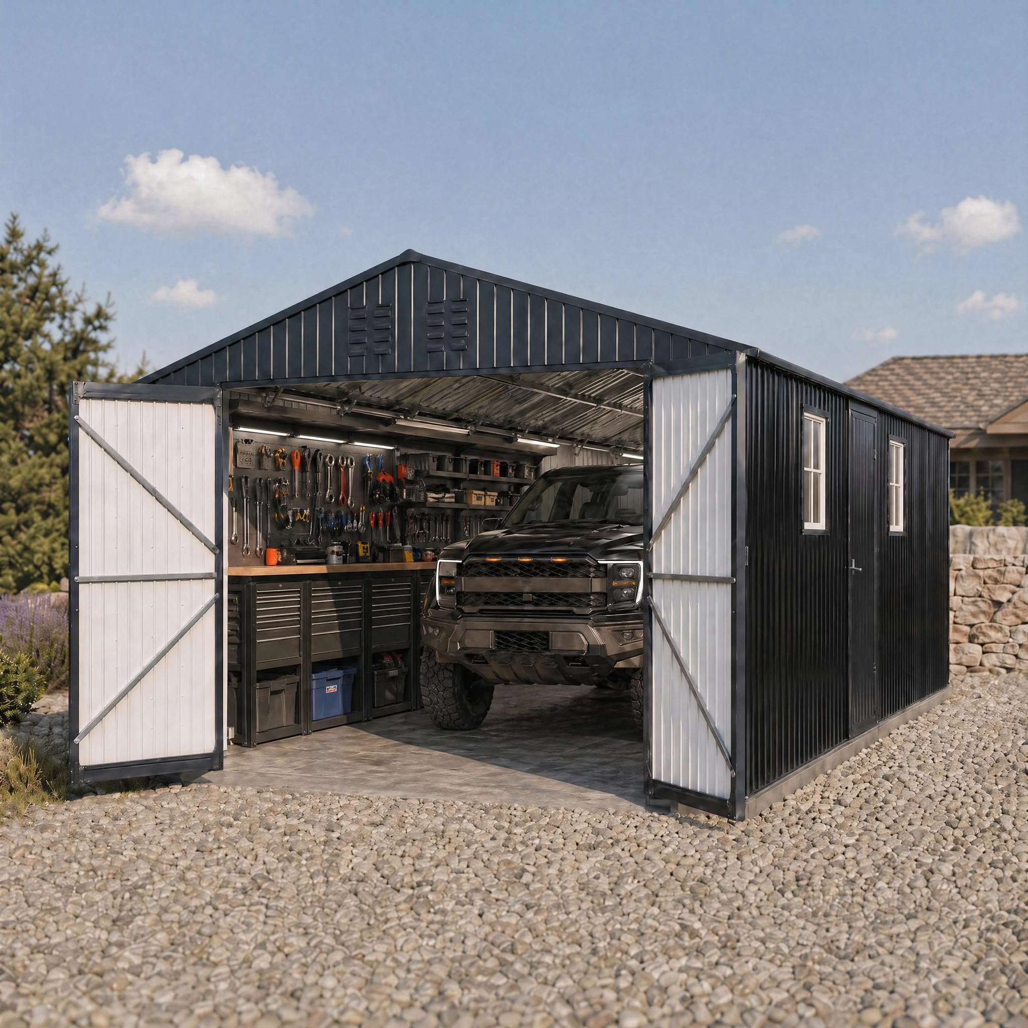 Photo 1 of 12x20 FT Metal Garage Shed, Outdoor Extra Large Storage Shed with Double Hinged Doors, 4 Windows, Heavy Duty Carport for Cars, Boats, Trucks and Equipment Storage, Black-Blue