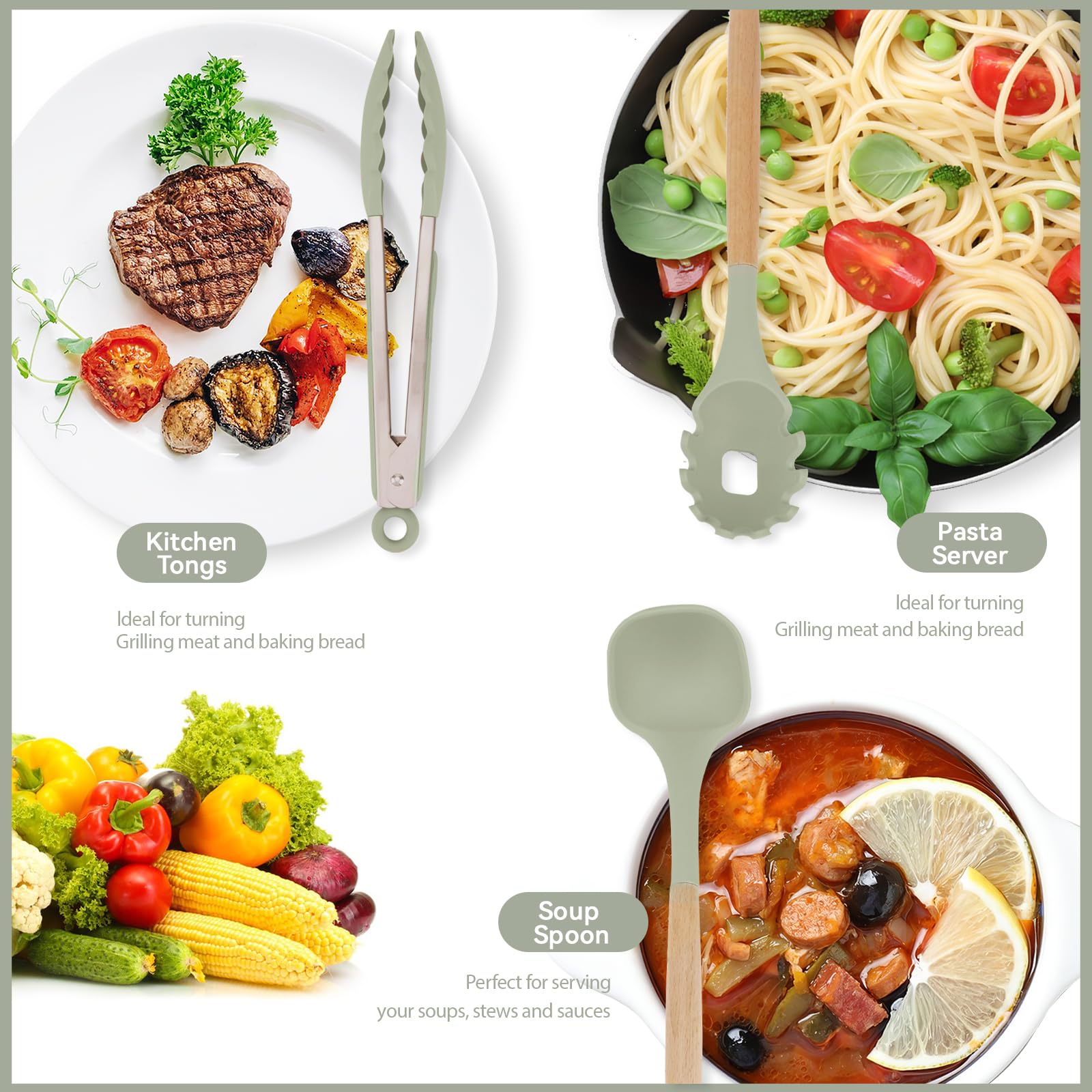 Set di 10 utensili da cucina, 10 coltelli antiaderenti in acciaio inox e spatole da cucina in silicone con supporto, manico ergonomico in legno (verde)