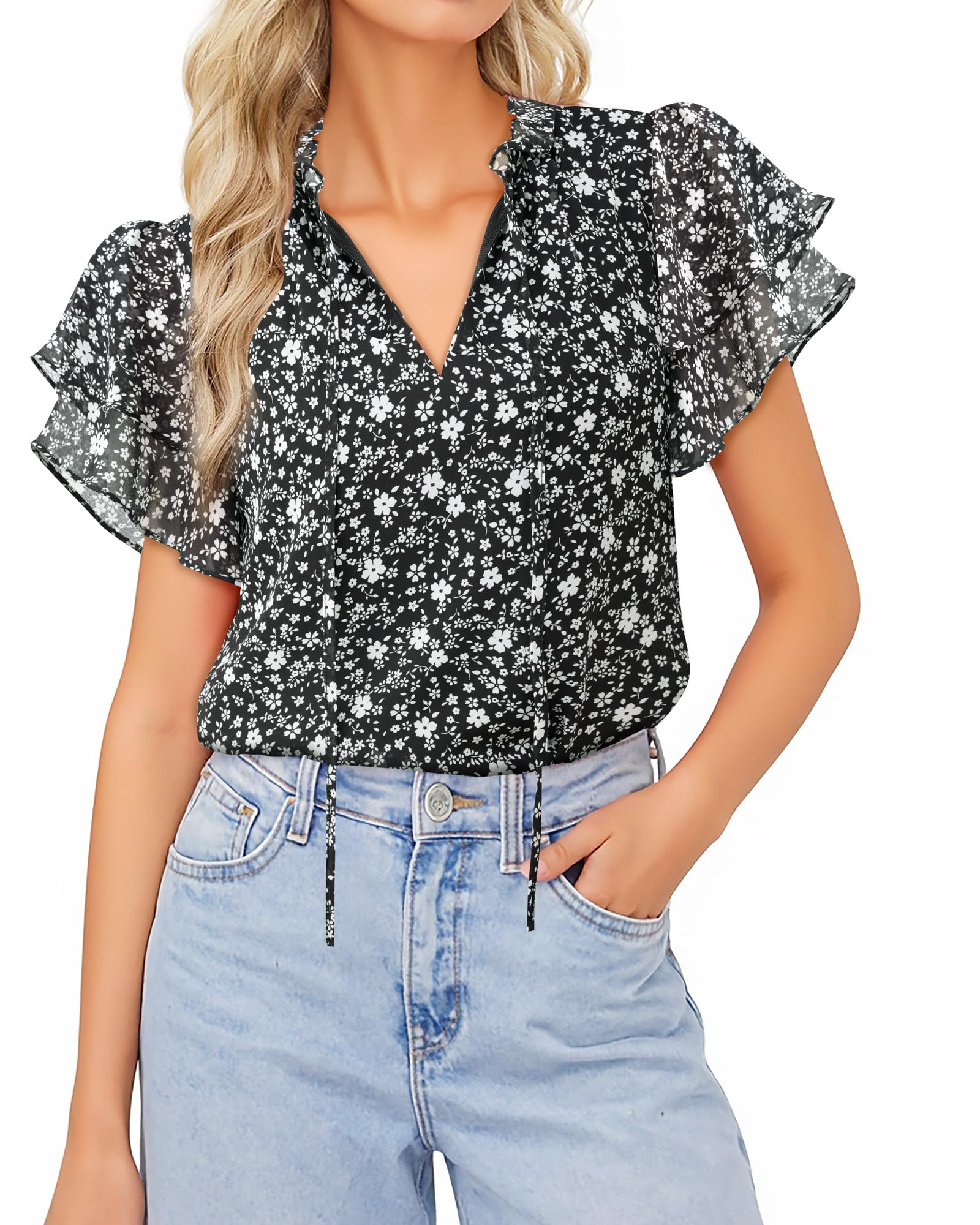 Gaharu Blusa elegante de manga corta para mujer, túnica de verano, cuello de pico, mangas con volantes, gasa, flores, camiseta de negocios, informal, top