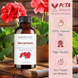 Majestic Pure Essential Oil with Glass Dropper - 100% Pure and Natural - Essential Oils for Diffuser, Aromatherapy, Soap and Candle Making, Geranium Essential Oil, Geranium Oil, 1 Fl Oz