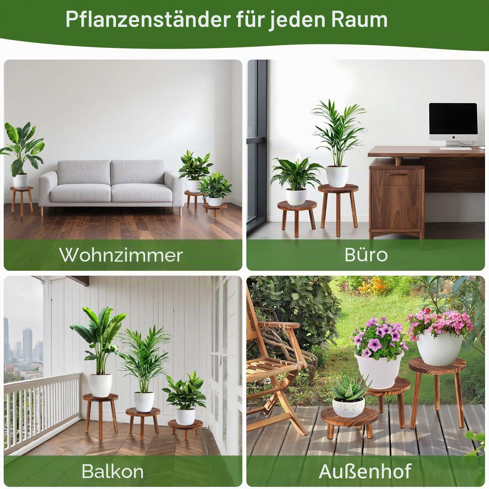 Blumenhocker Holz 3er-Set, 4"/7"/11" Höhe Blumenständer Pflanzenständer für Verschiedene Topfgrößen, Hocker Fußschemel Modernes Regal für Balkon Garten Wohnzimmer Deko Büro
